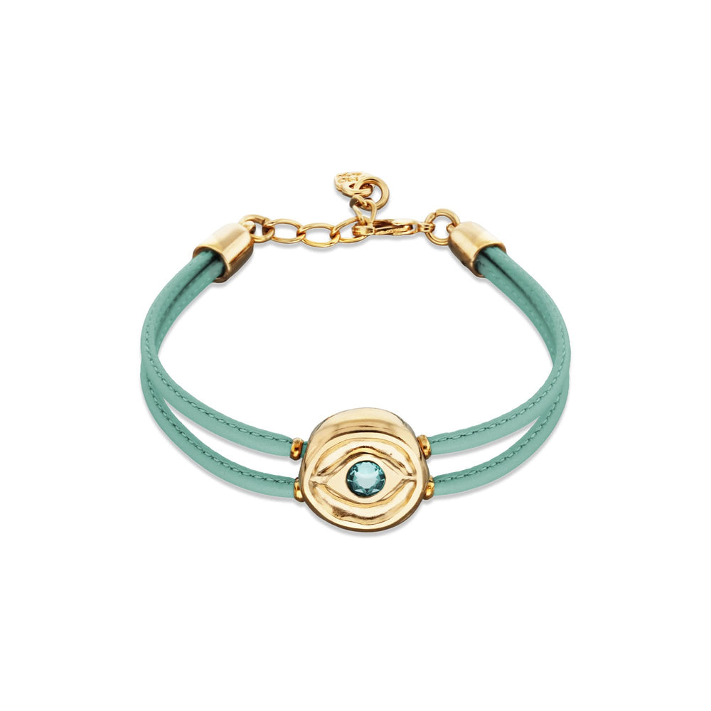 Turquoise Leather Metal Alloy Eye Detail Pleated Gold 18K Crystal Bracelet PUL2601TQSORO0M