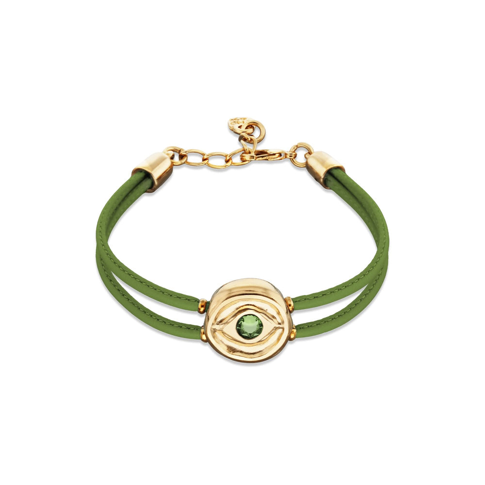 Double Green Leather Metal Alloy Eye Detail Pleated Gold 18K Crystal Bracelet PUL2601VRDORO0M
