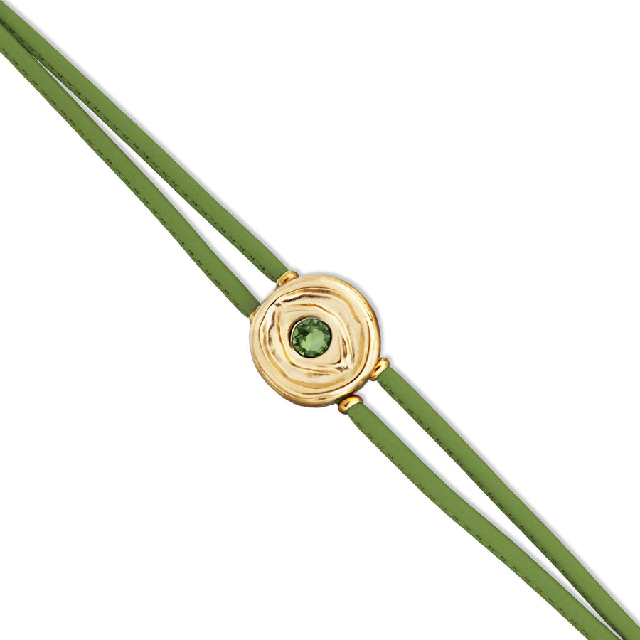 Double Green Leather Metal Alloy Eye Detail Pleated Gold 18K Crystal Bracelet PUL2601VRDORO0M