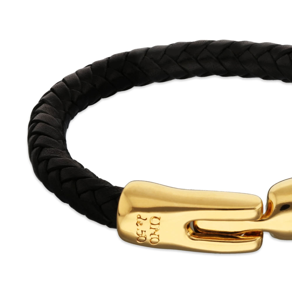 Black Braided Leather Gold Plated Closure Bracelet PUL2604ORONGR