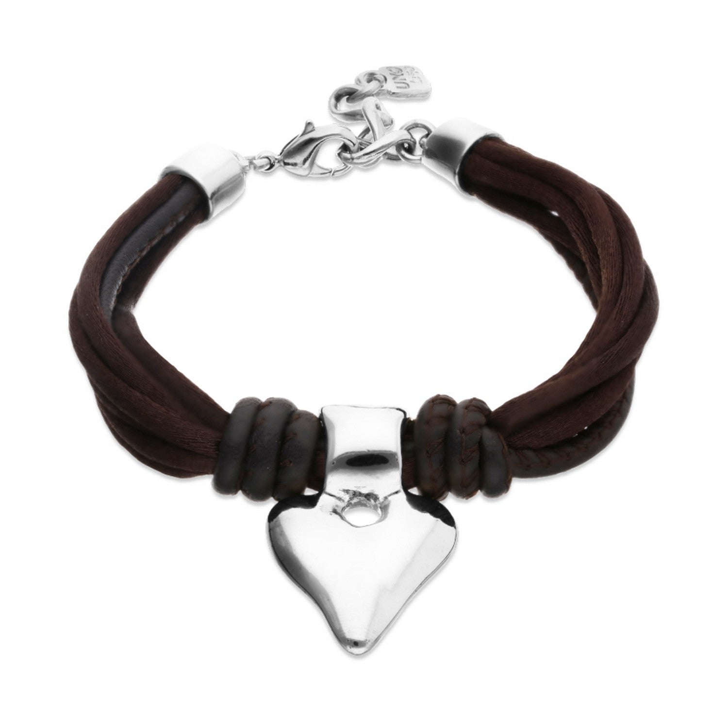 Mix Of Silk Effect And Leather Brown Thread And Sterling Silver Heart Detail Bracelets PUL2640MARMTL