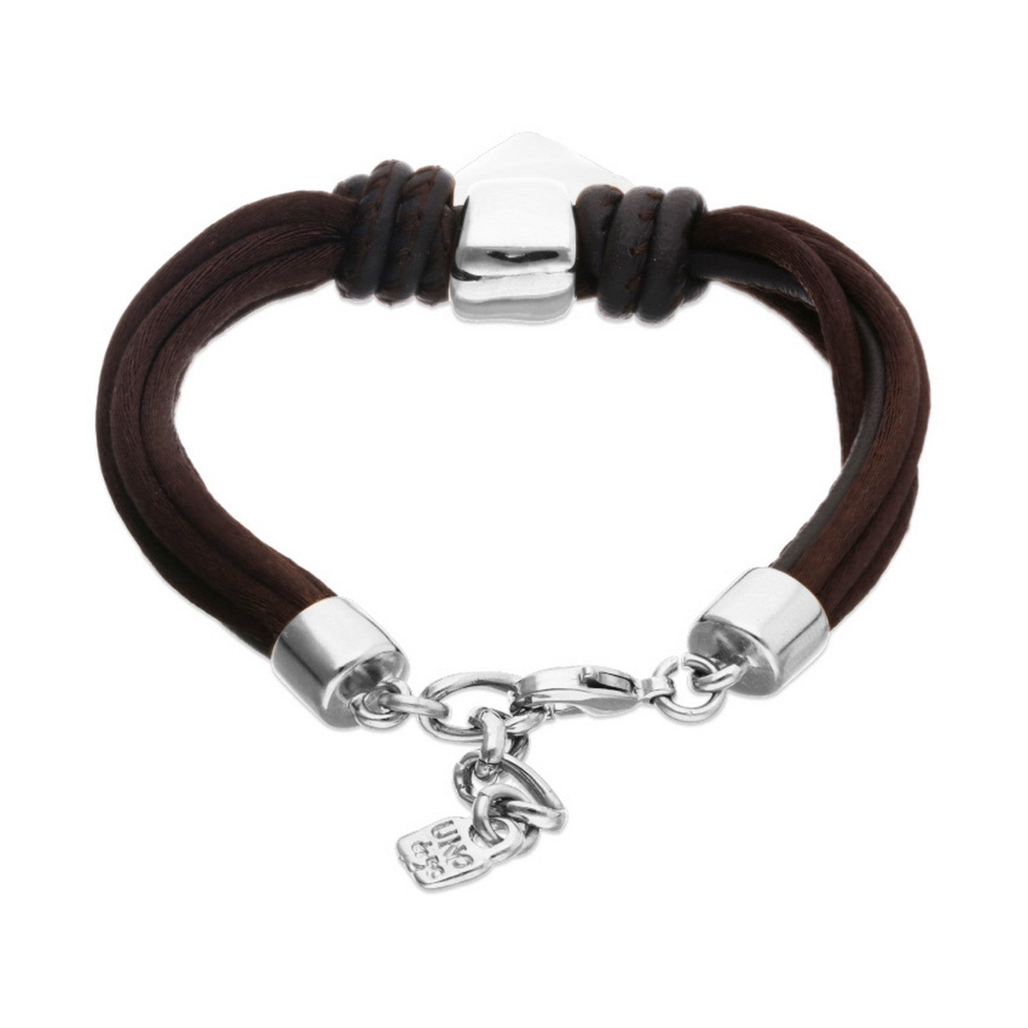 Mix Of Silk Effect And Leather Brown Thread And Sterling Silver Heart Detail Bracelets PUL2640MARMTL