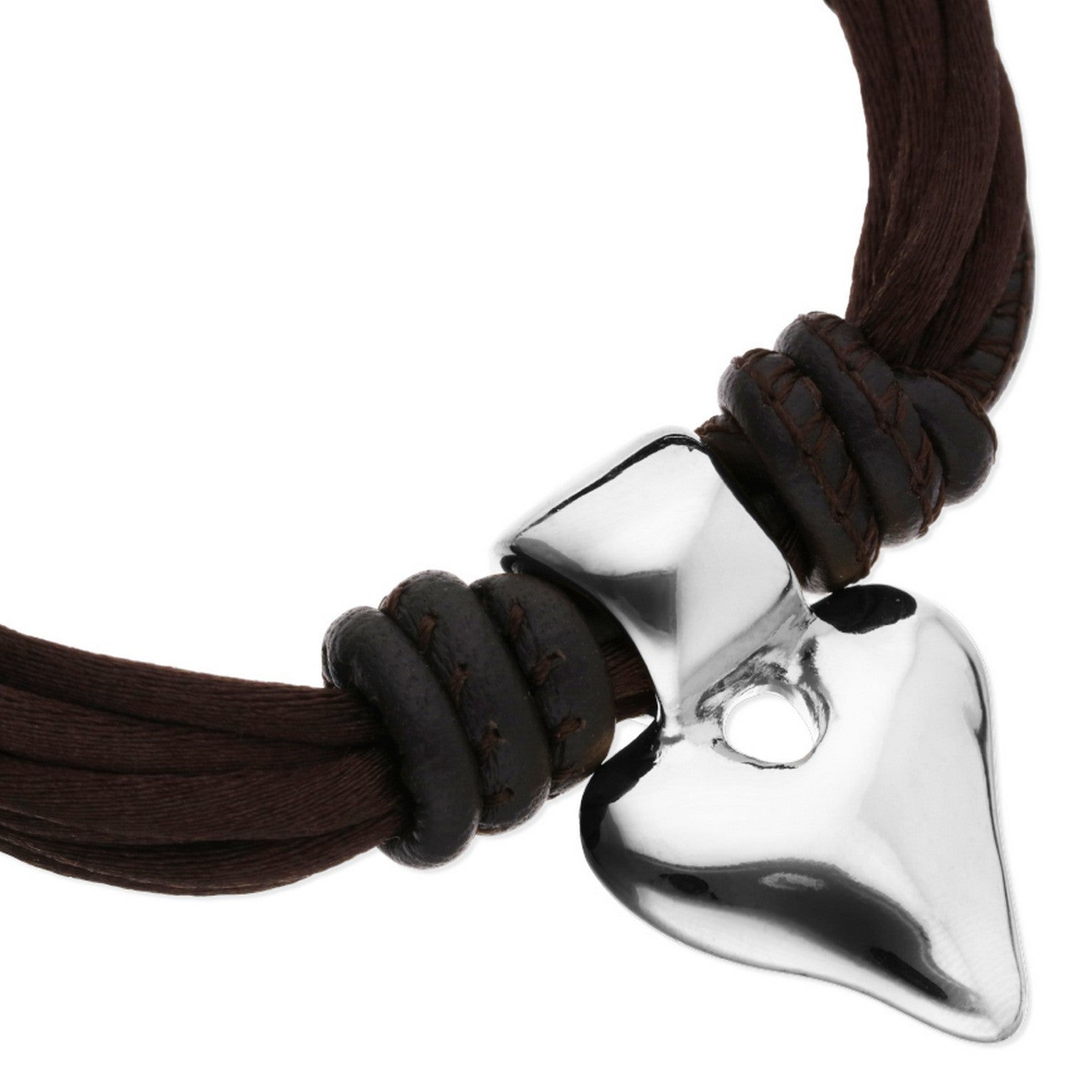 Mix Of Silk Effect And Leather Brown Thread And Sterling Silver Heart Detail Bracelets PUL2640MARMTL