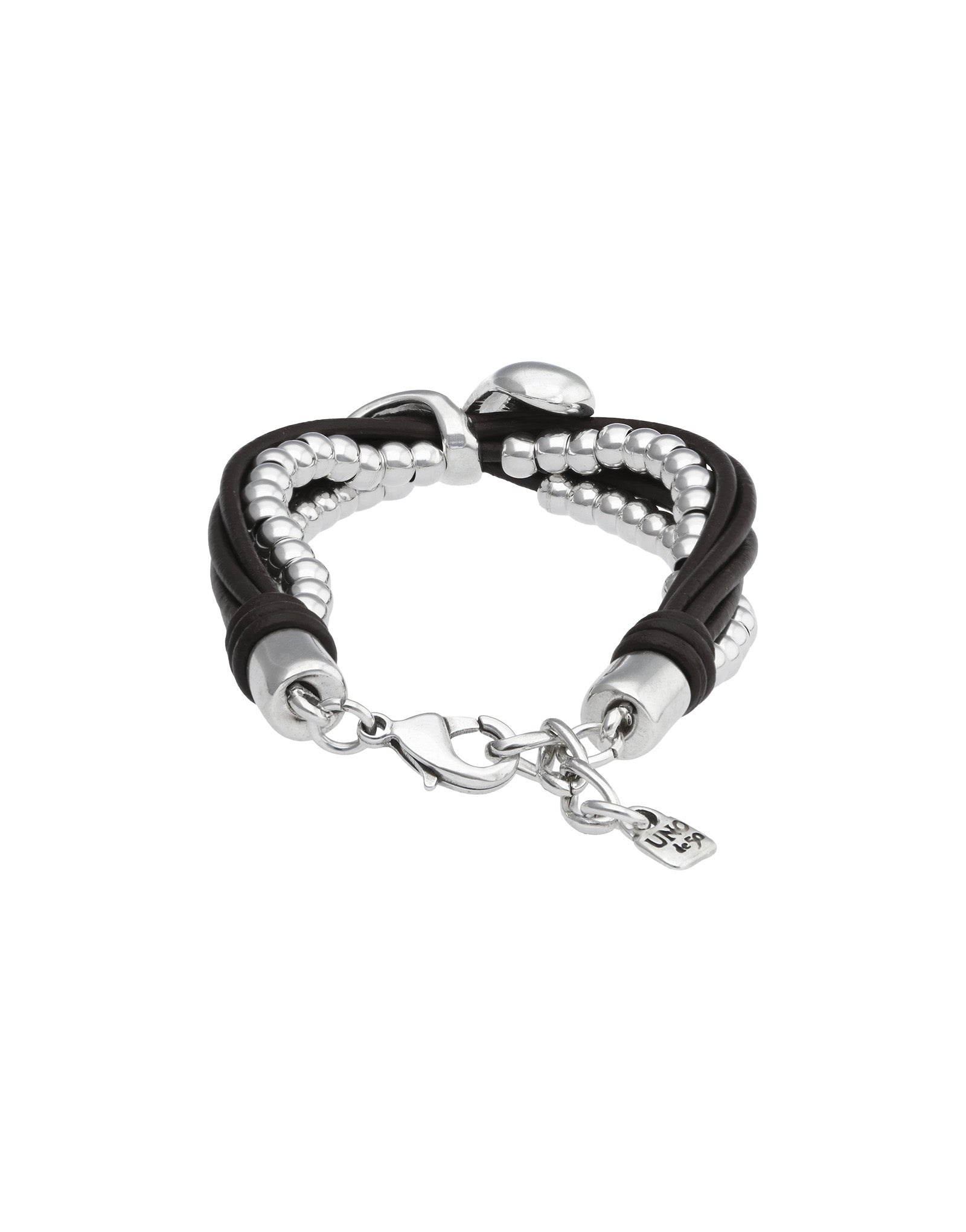 A multi-strand bracelet featuring black braided cord, silver beaded strands, silver cylindrical beads, and a silver lobster clasp with a small chain and charm, shown on a plain white background.