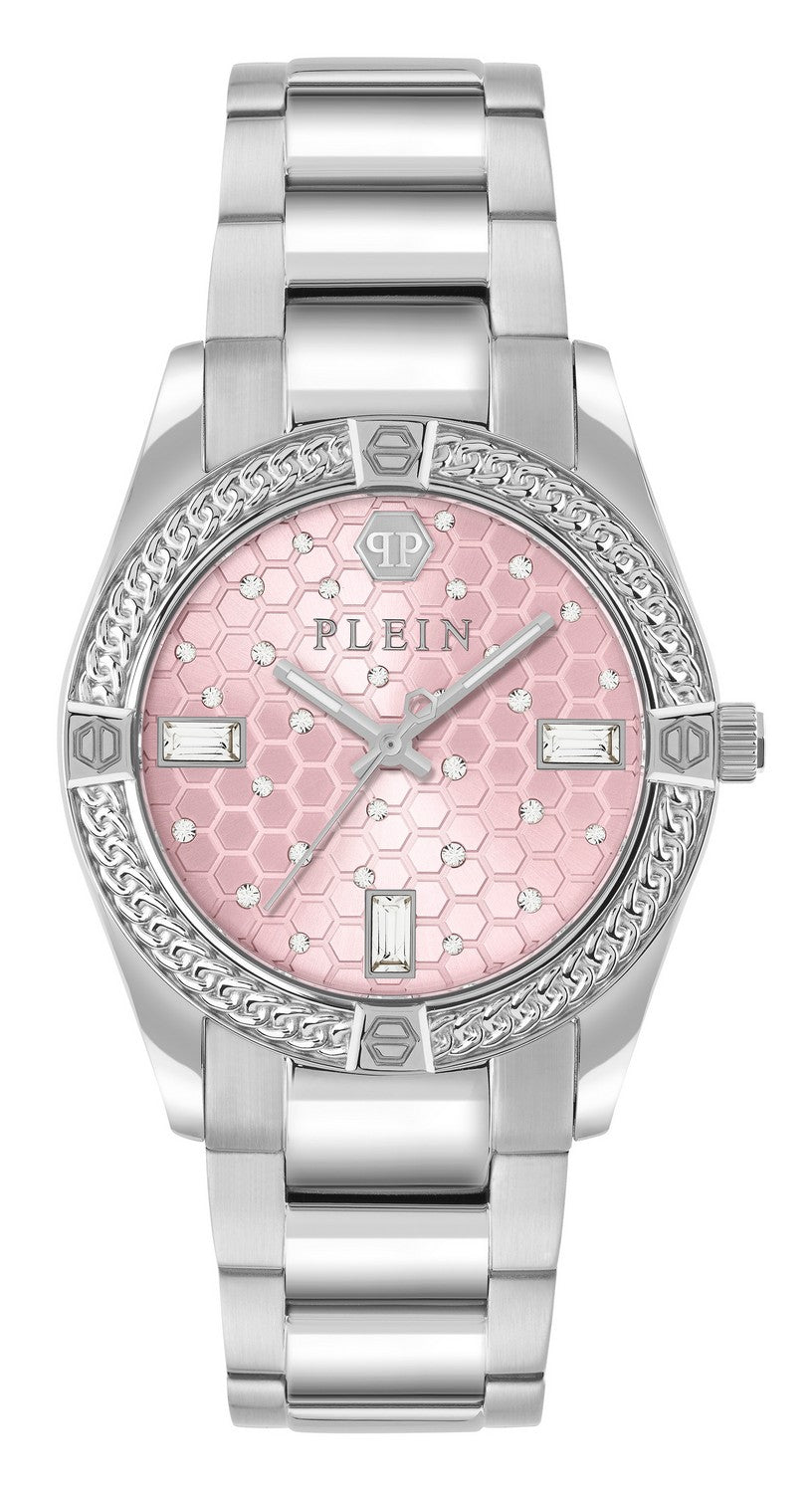 Philipp Plein Women’s Plein Icon Chain 36 mm Pink Guilloché Crystal Watch PW1FA0125