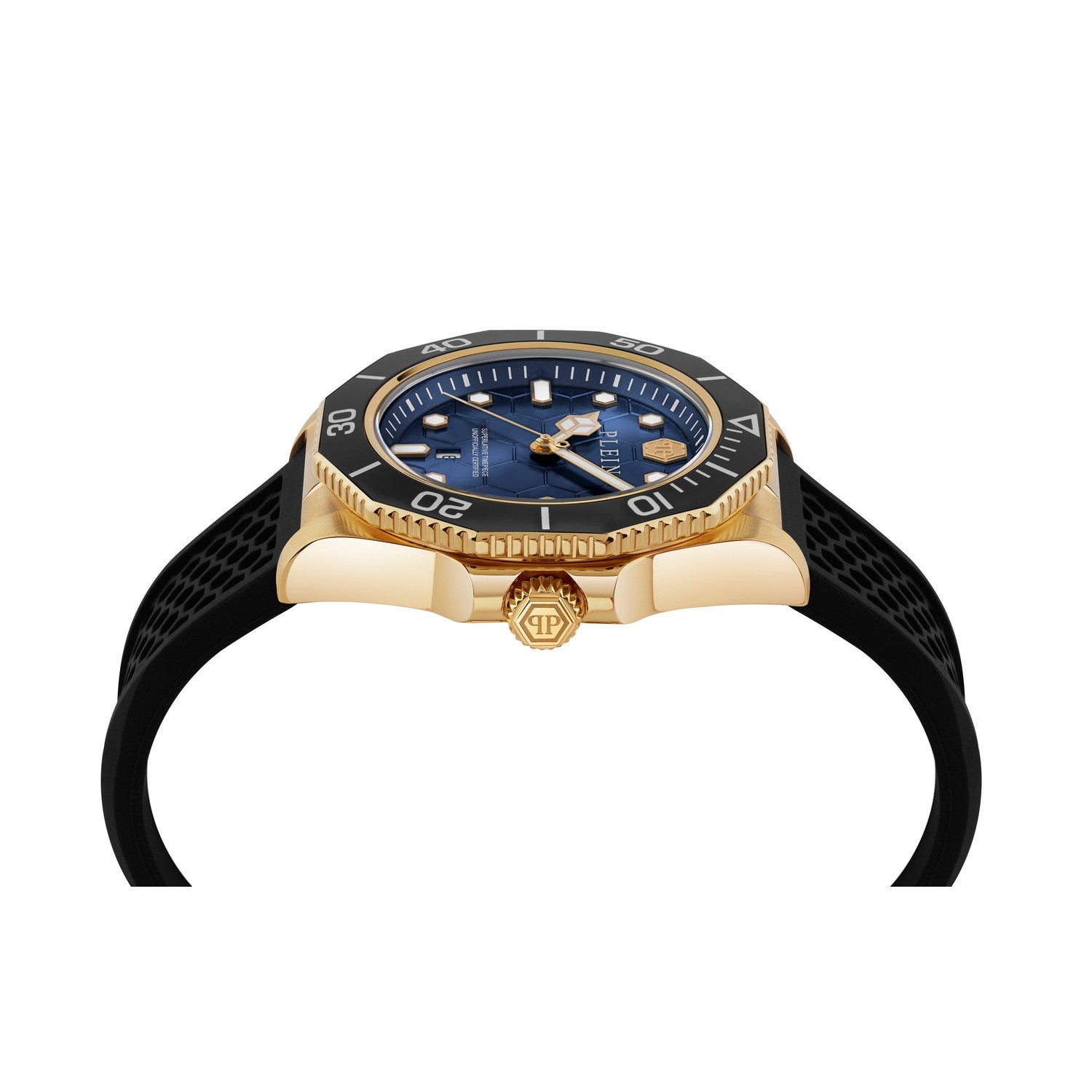 Gold and black watch with blue face on a white background