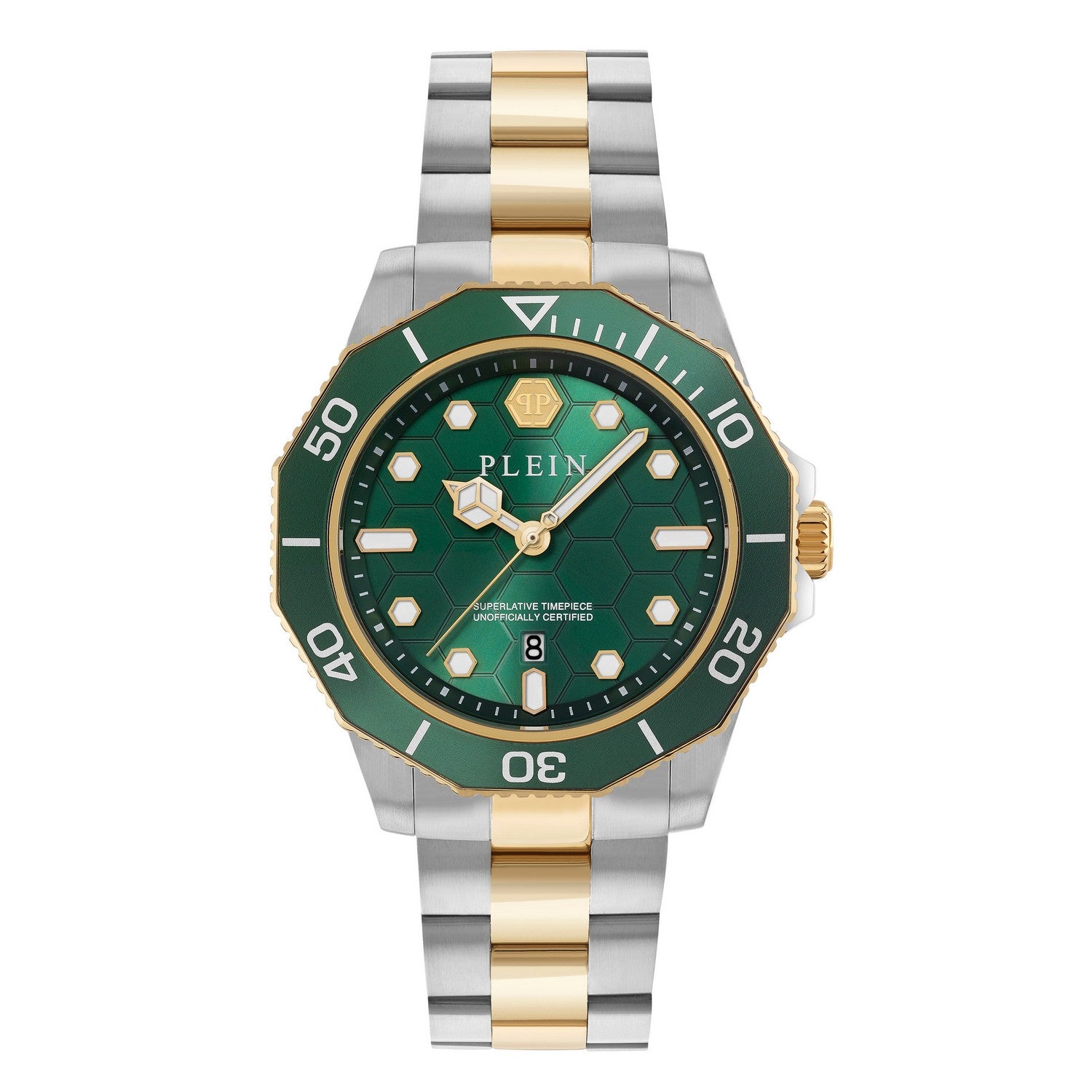 Wristwatch with green dial and gold and silver band on white background