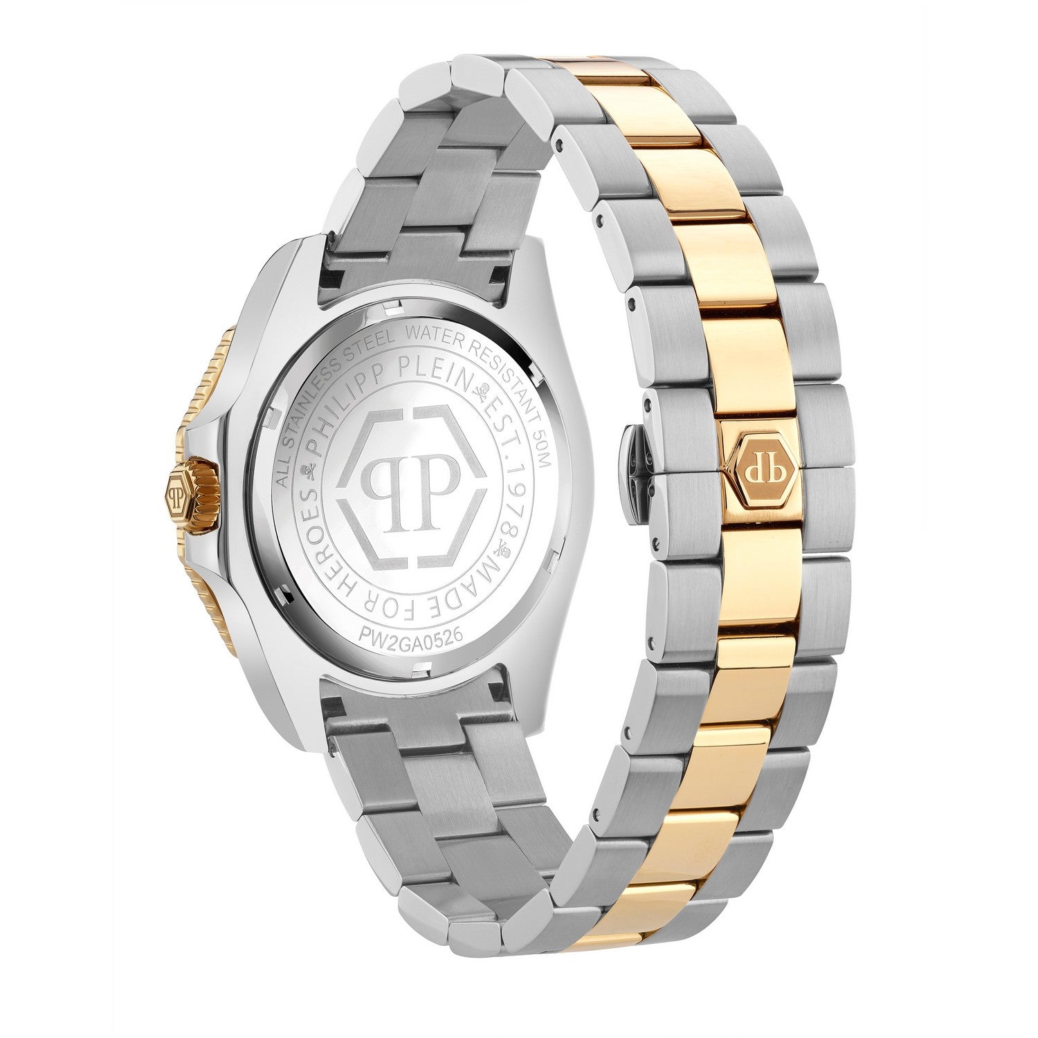 Two-tone silver and gold watch with Philipp Plein branding on a white background
