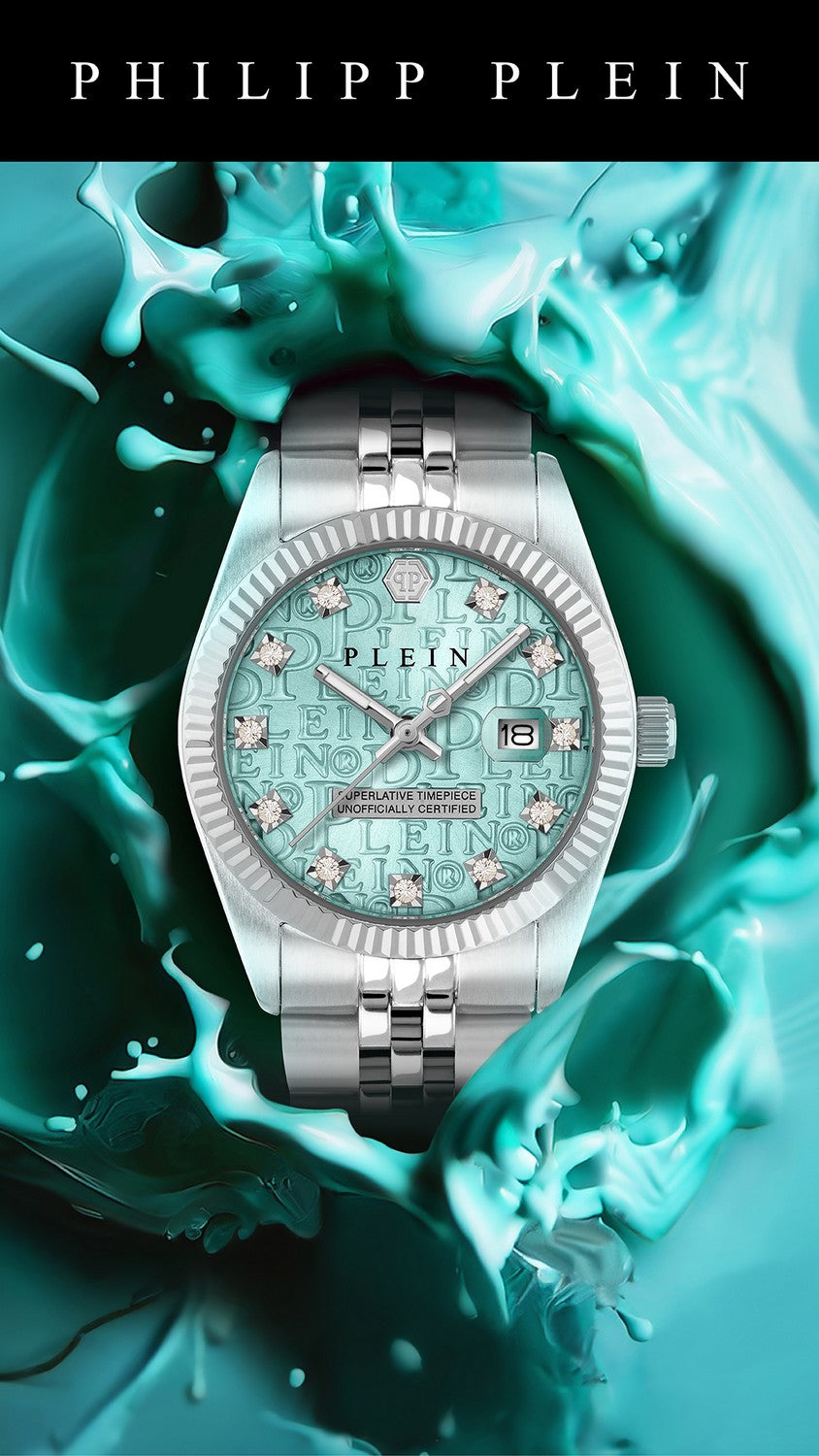 Philipp Plein Women’s Date Superlative 28 mm Blue Guilloché Crystal Date Watch PWNFA0225