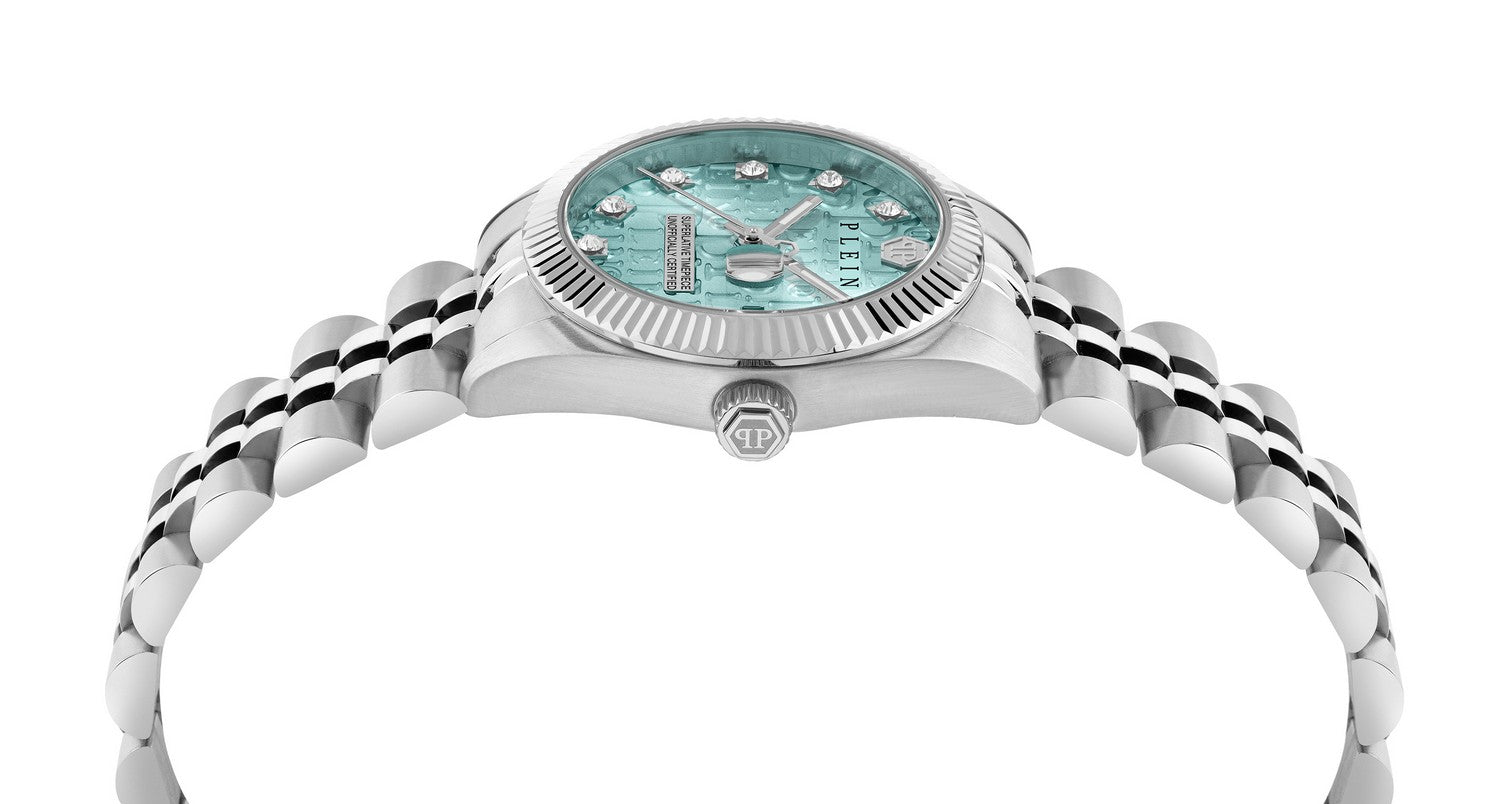 Philipp Plein Women’s Date Superlative 28 mm Blue Guilloché Crystal Date Watch PWNFA0225