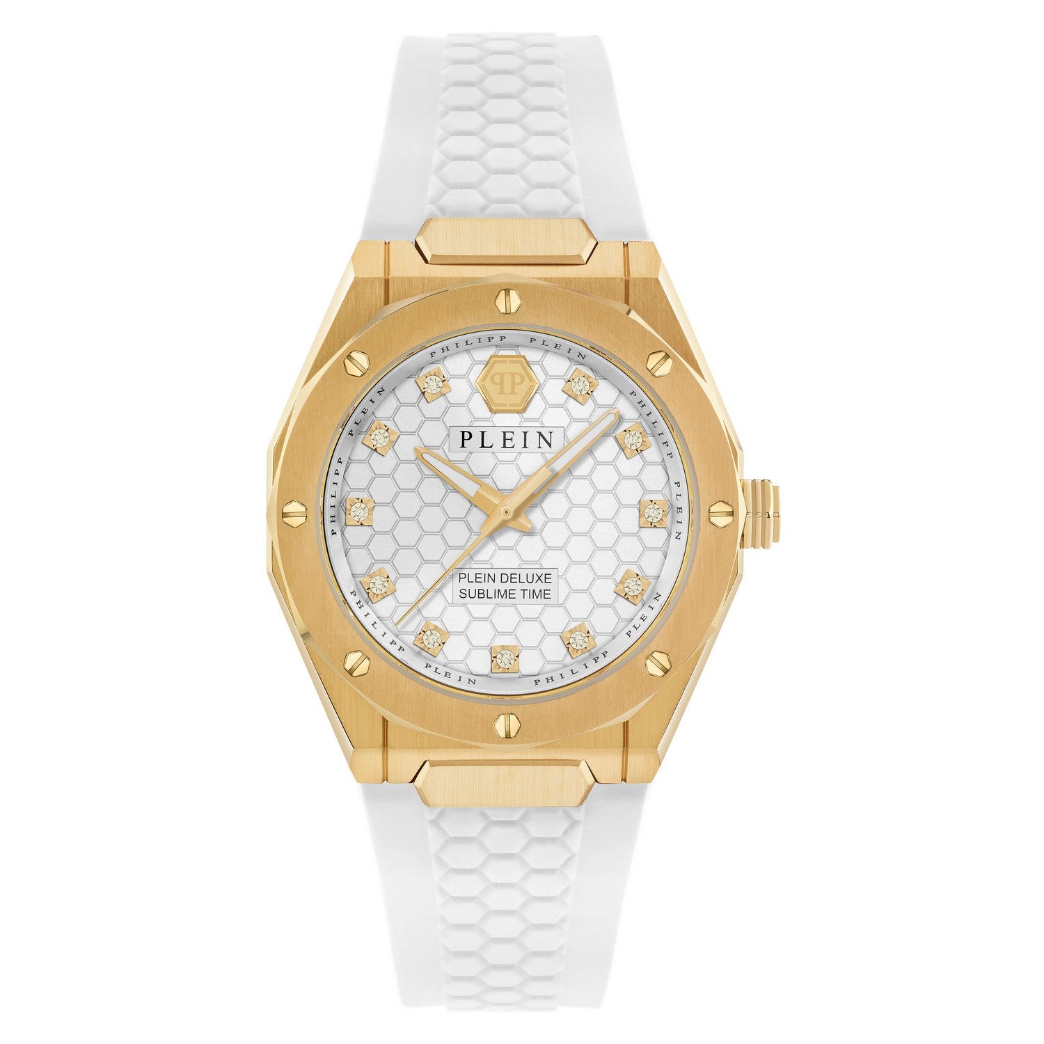 Gold watch with white strap on a white background