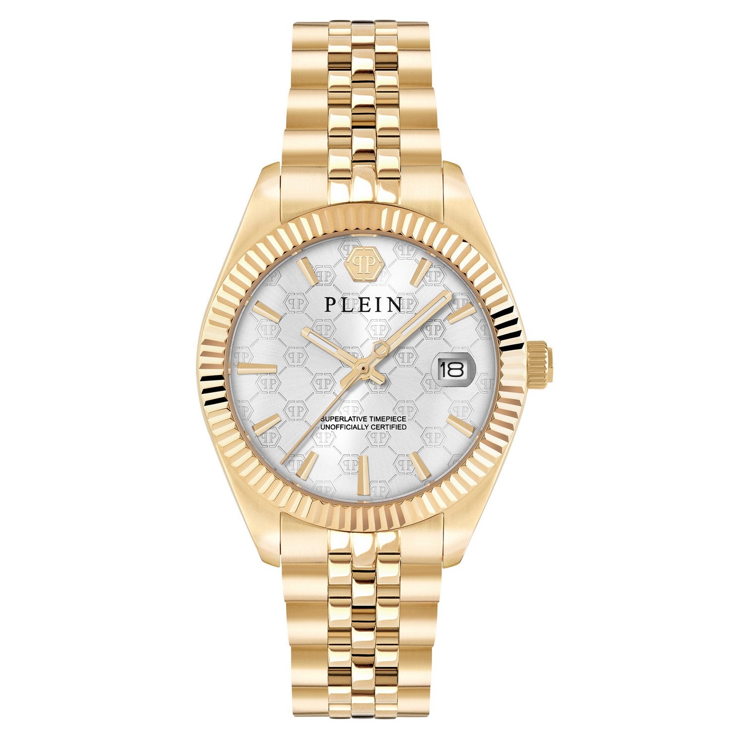 Gold wristwatch with a white face displaying the brand 'Plein' on a white background.