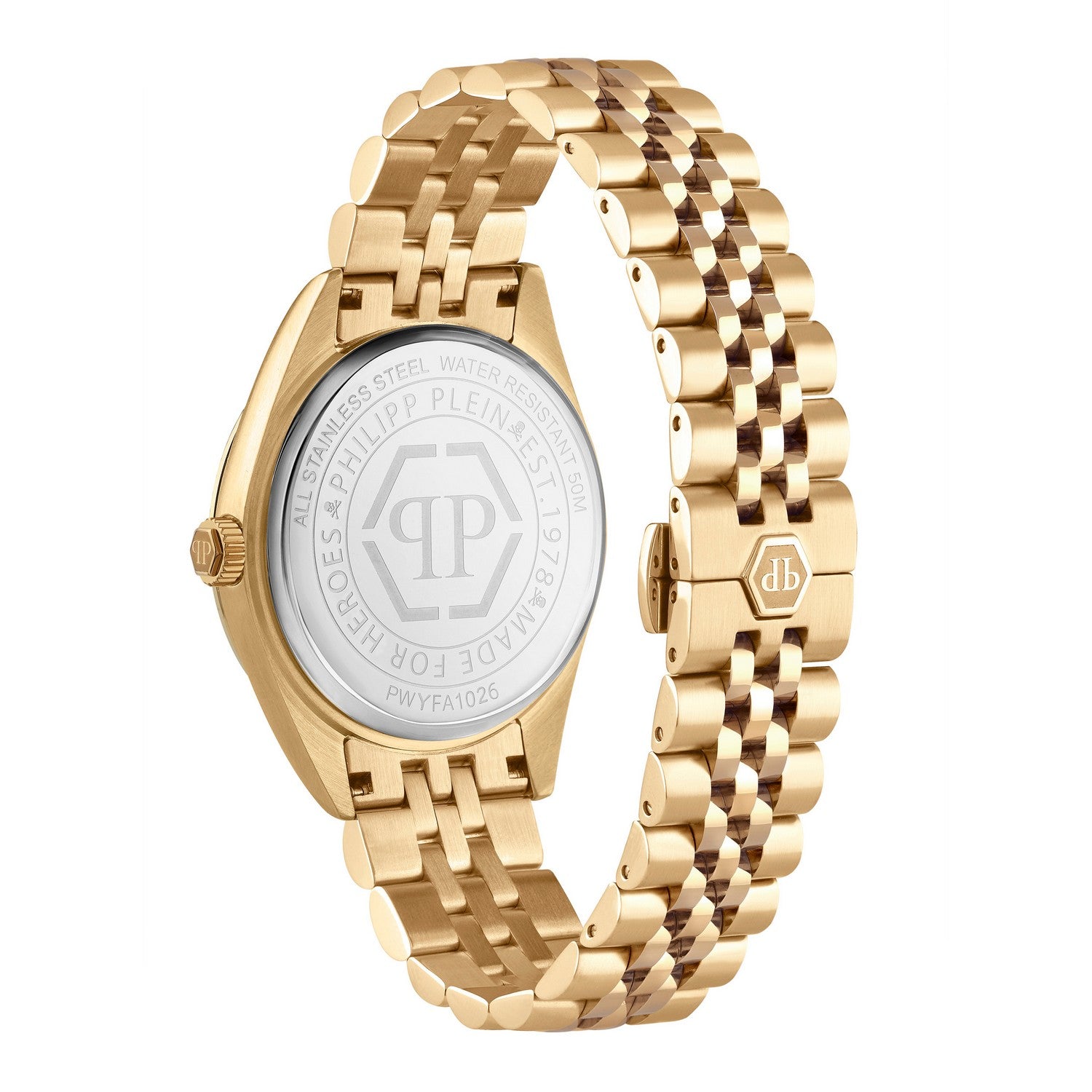 Gold watch with a detailed band on a white background