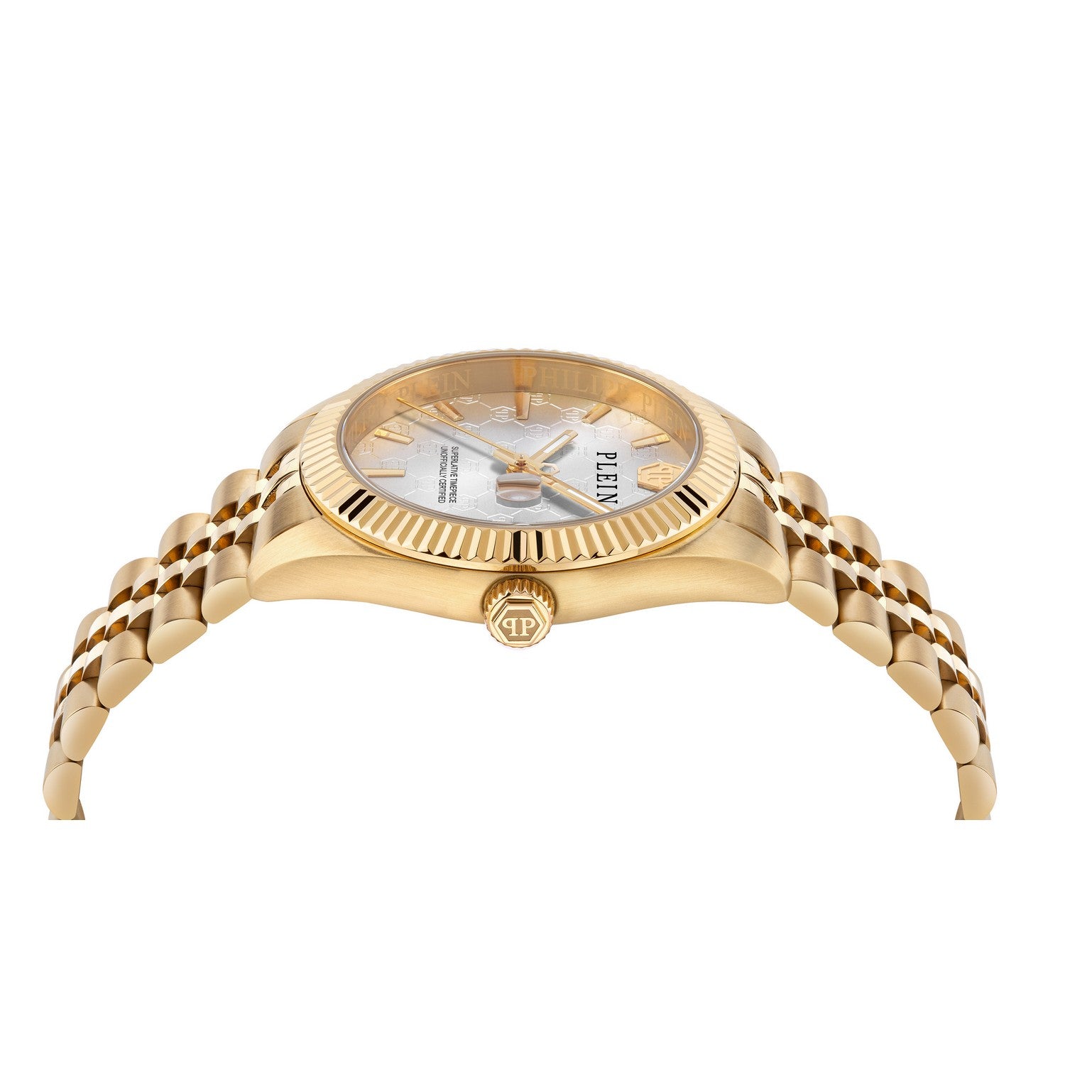 Gold watch with a white face on a white background