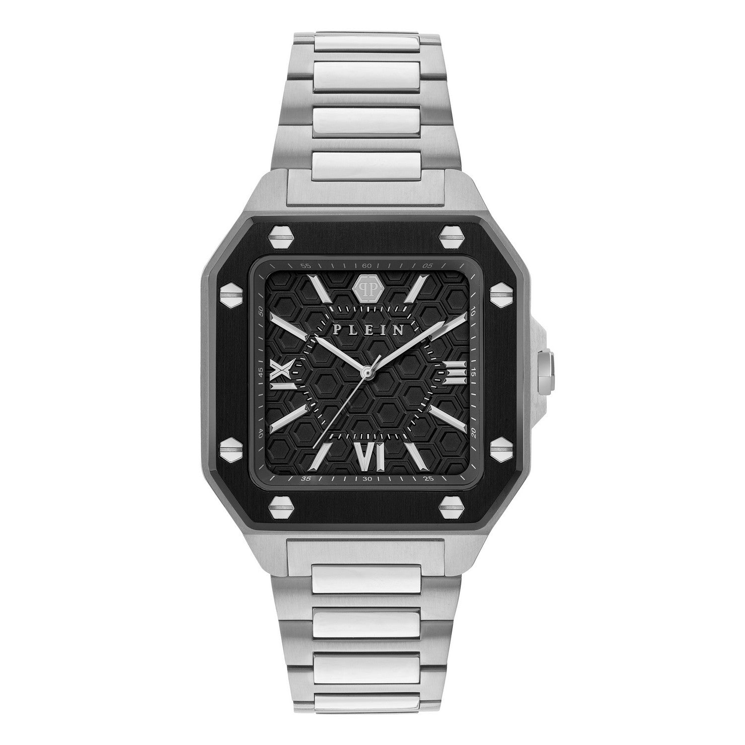 Silver watch with black face on a white background
