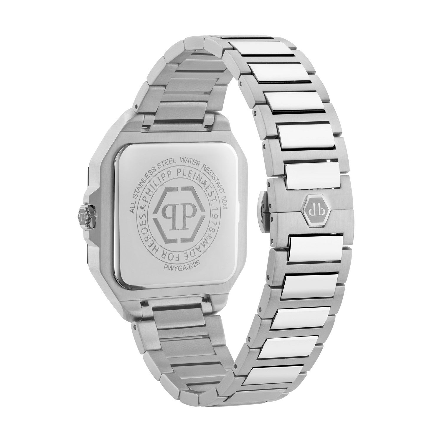 Silver watch with a metallic band on a white background