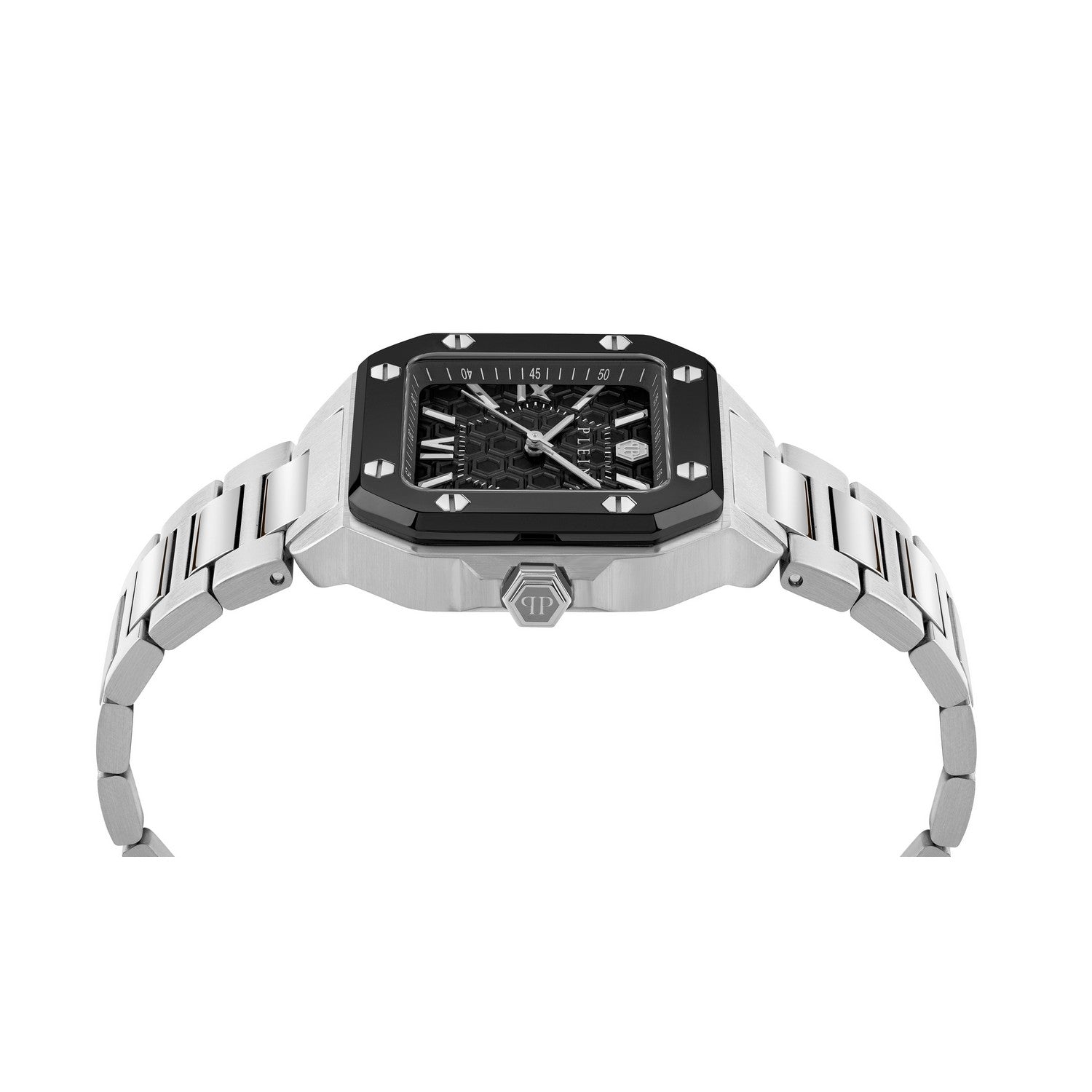 Silver watch with black face on a white background