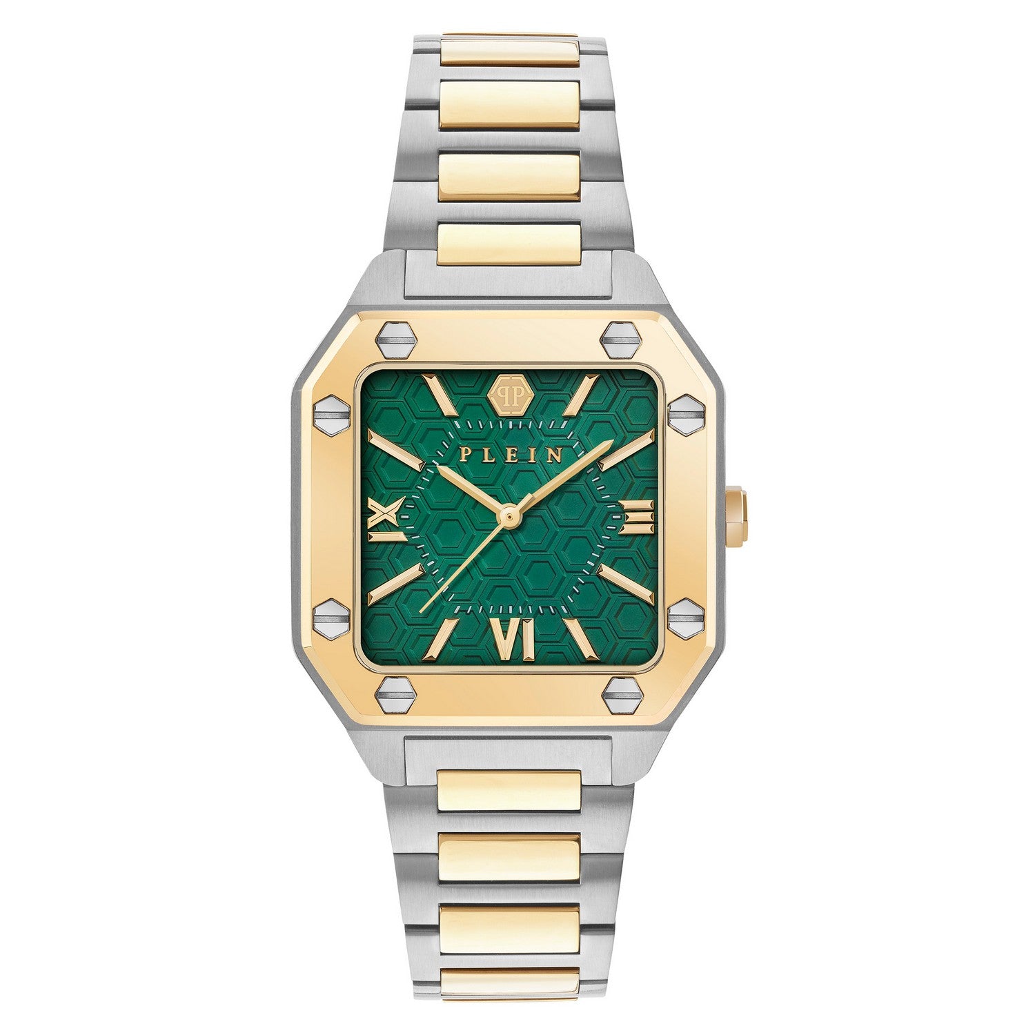 Two-tone watch with green face and gold accents on a white background