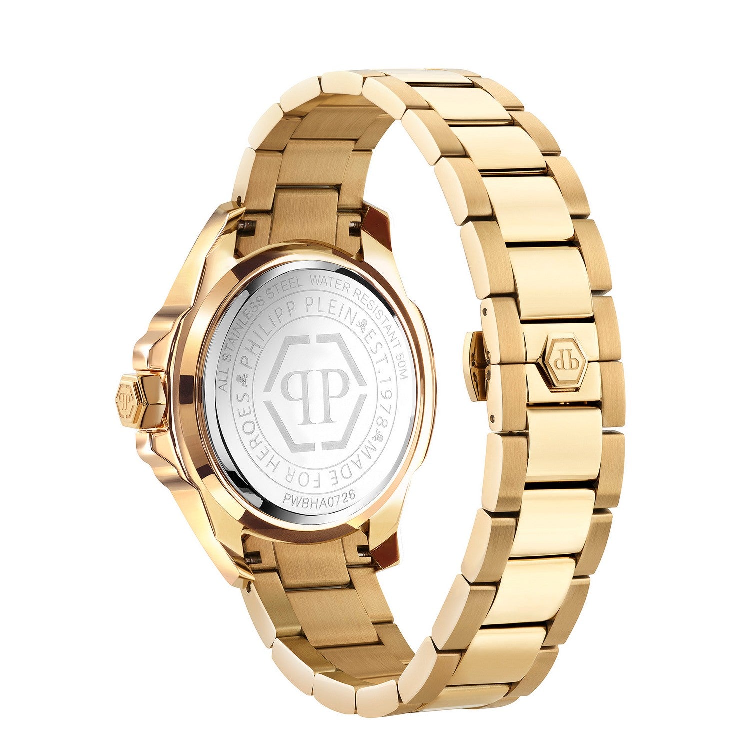 A gold-tone stainless steel watch with a matching metal link bracelet, shown from a rear three-quarter angle to display the engraved case back. The brand name 'PHILIPP PLEIN' and 'PH' monogram are visible on the polished silver-toned center of the case back.