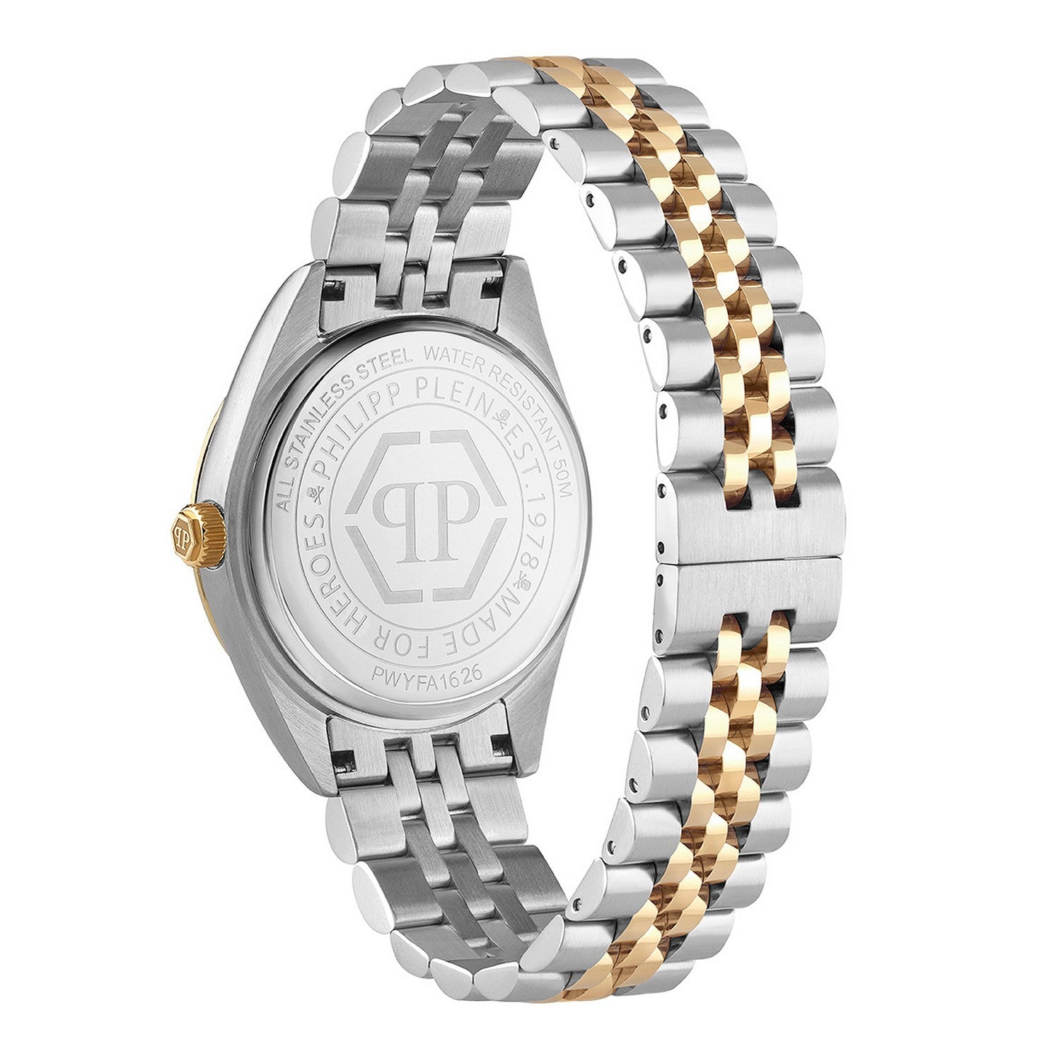 A two-tone stainless steel and gold wristwatch shown from the back, featuring a silver link bracelet with alternating gold and silver links, and a silver case with a gold crown.