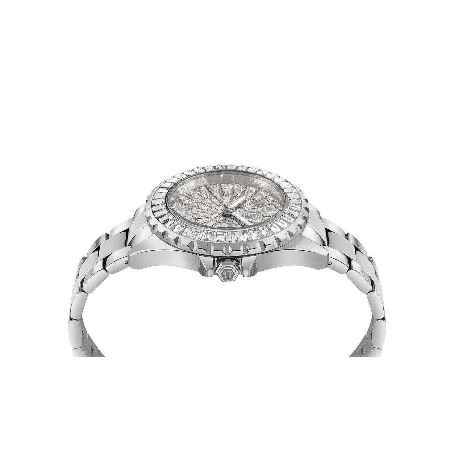 A silver-tone stainless steel wristwatch with a bezel-set diamond pattern and a matching diamond-dusted dial, shown from a side profile view on a white background.