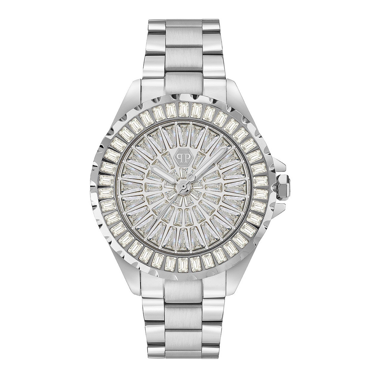 A silver-tone stainless steel watch with a round bezel lined with clear rectangular crystals, a matching crystal-embellished dial, and a linked metal bracelet, shown on a plain white background.