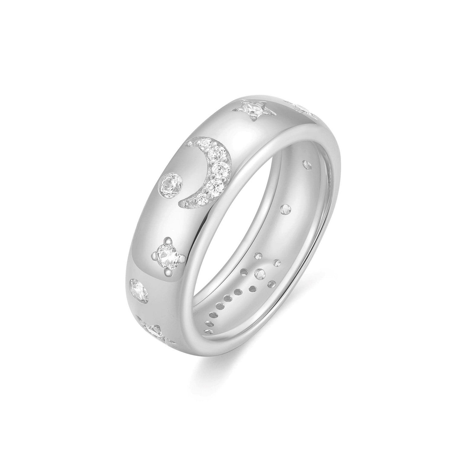 Silver ring with embedded diamonds on a white background