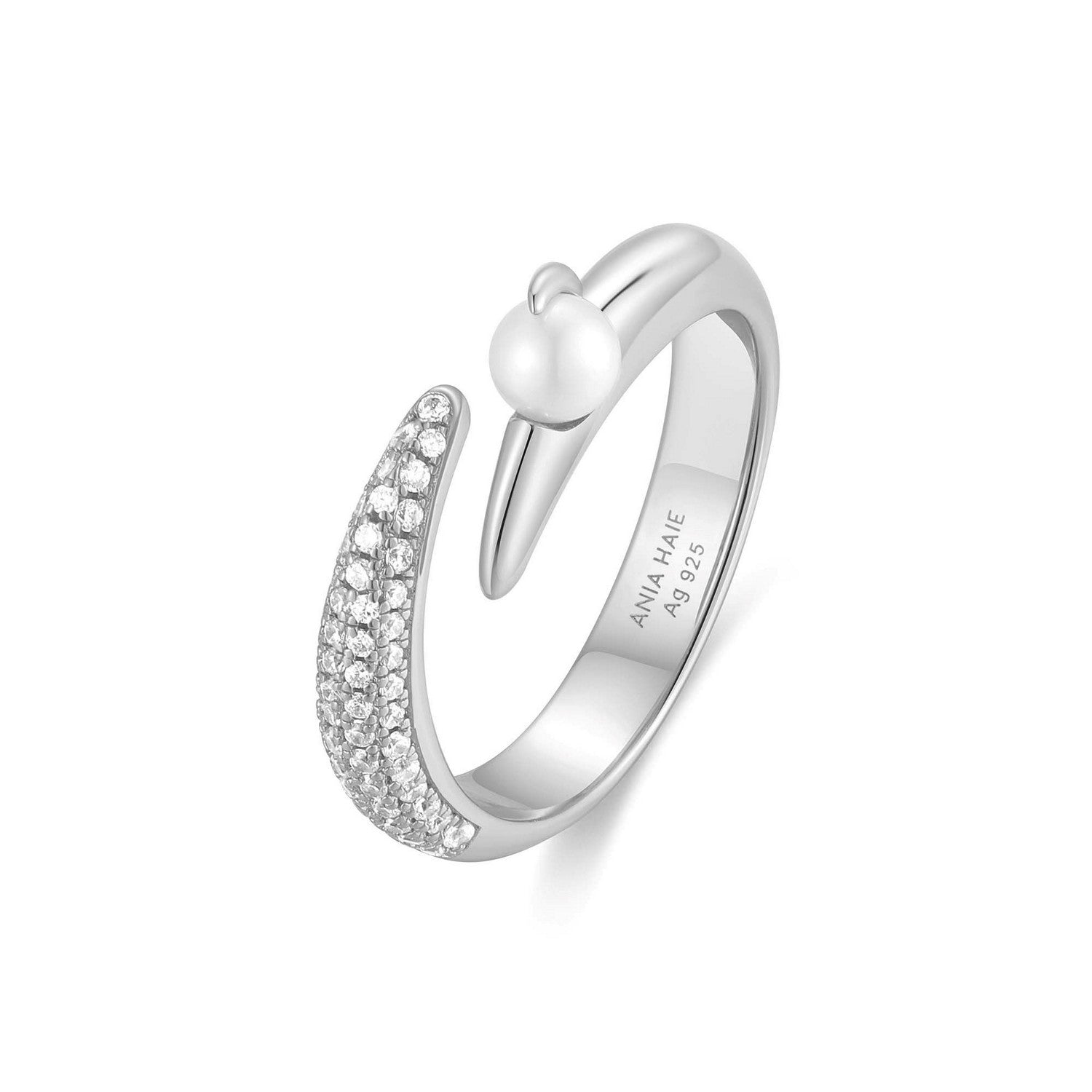Silver ring with small diamonds on a white background