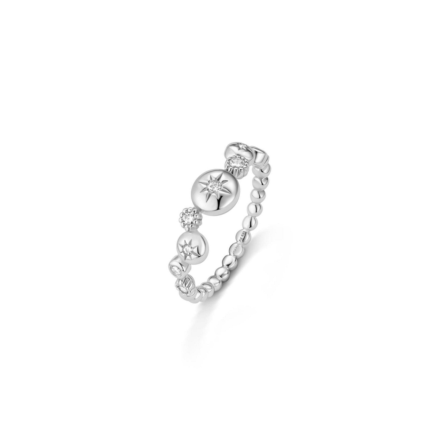 Silver ring with small circular charms on a white background