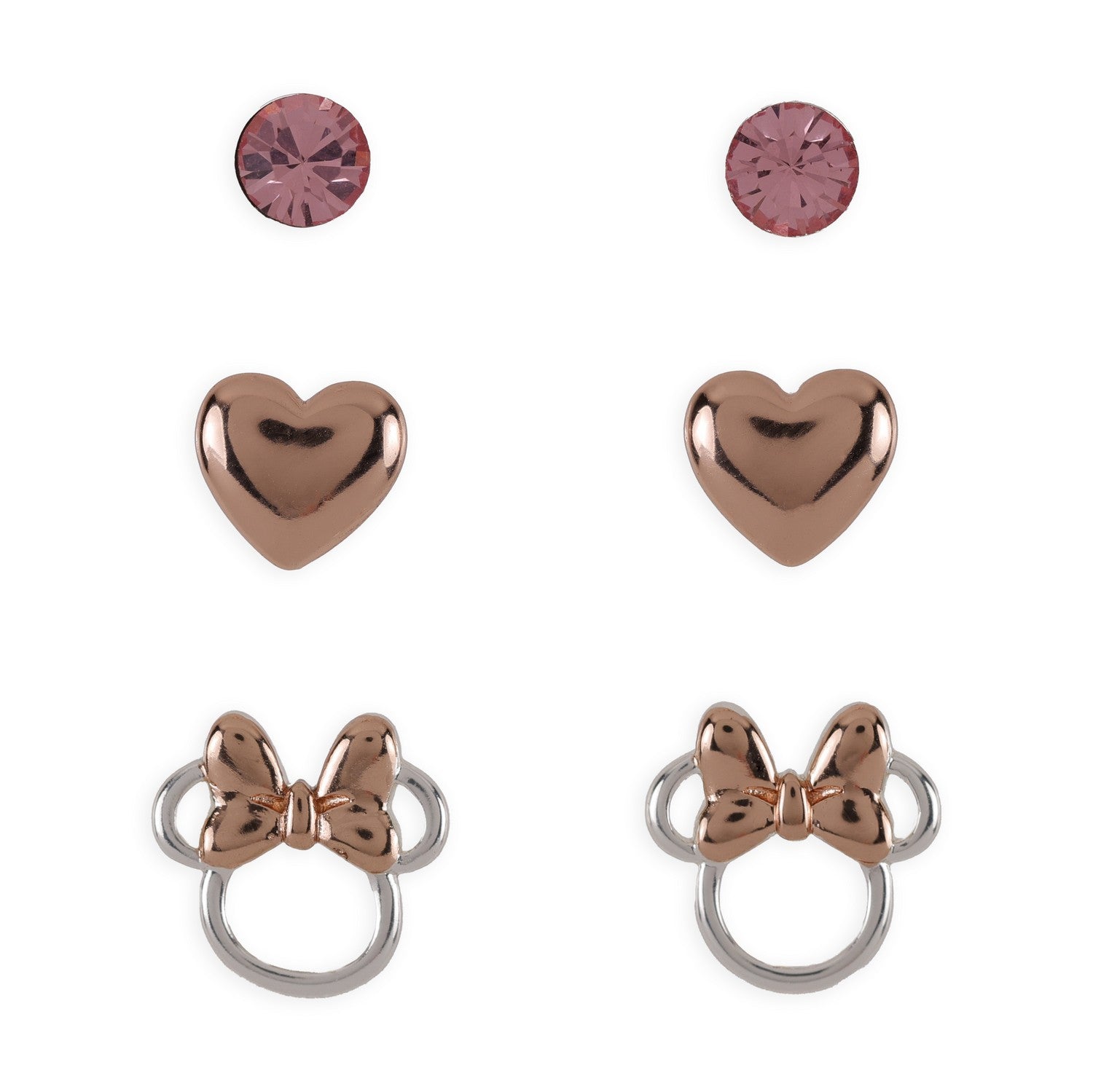 Disney Mickey & Minnie Brass Tt Plt 5Mm Light Rose Crystal, Heart Stud 3Pc Set Red Earrings SF00409TL.PH