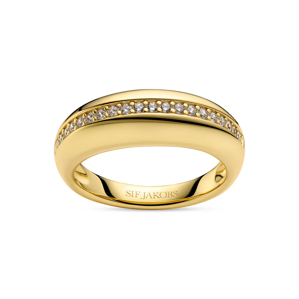 Gold ring with embedded diamonds on a white background