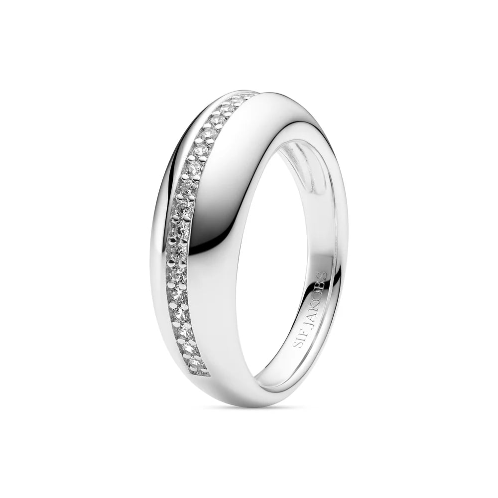 Silver ring with embedded diamonds on a white background