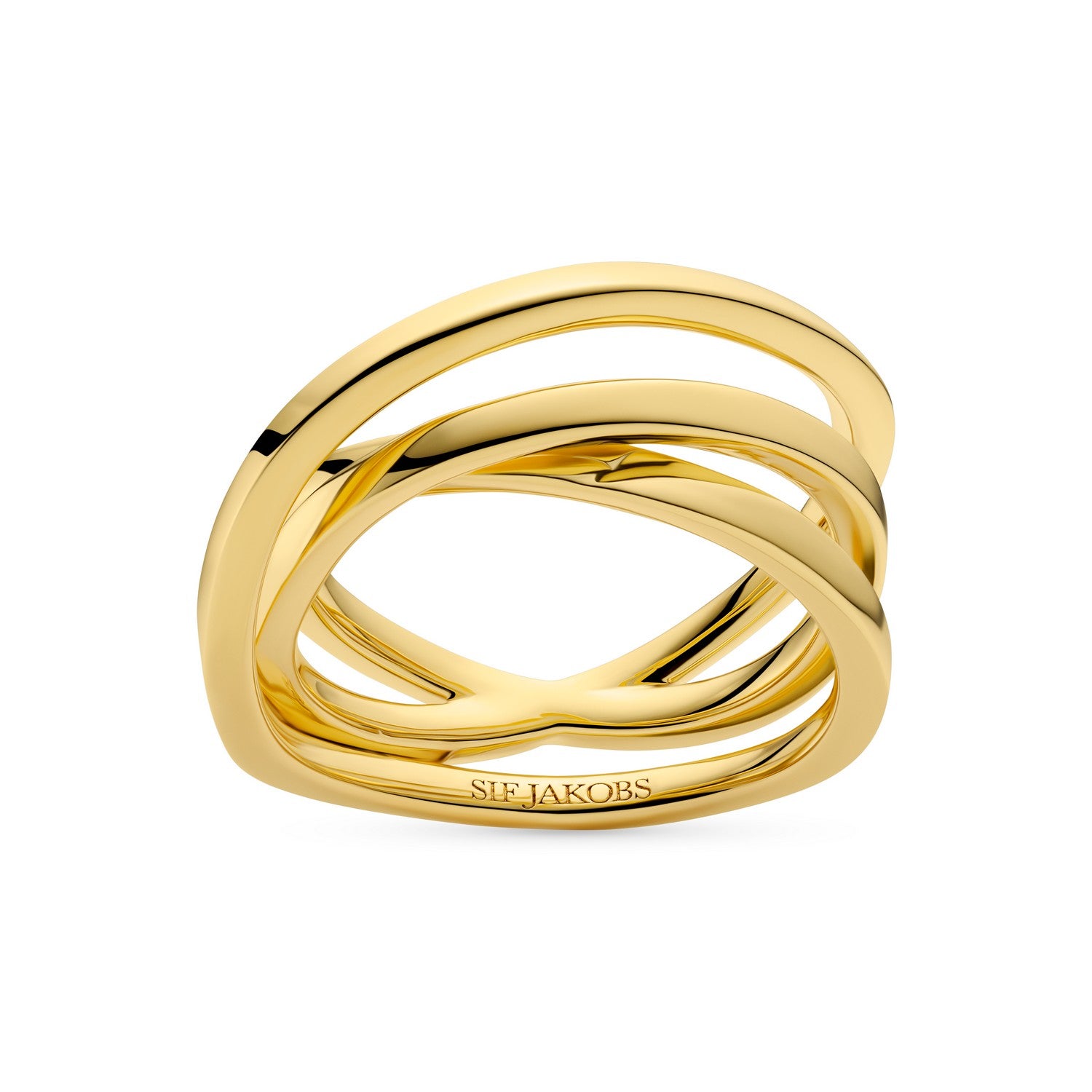 Gold ring with interlocking bands on a white background