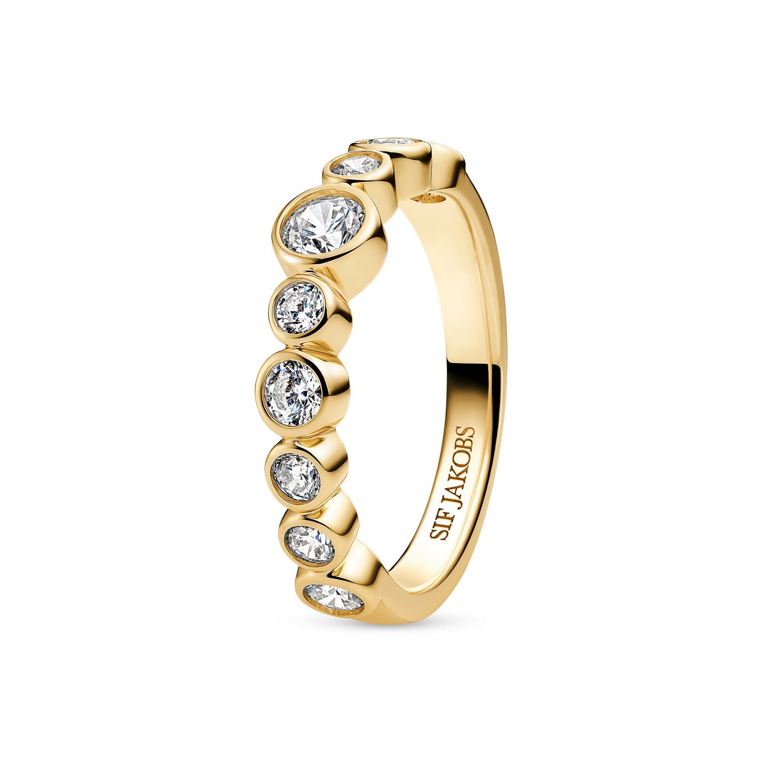 Gold ring with diamonds on a white background