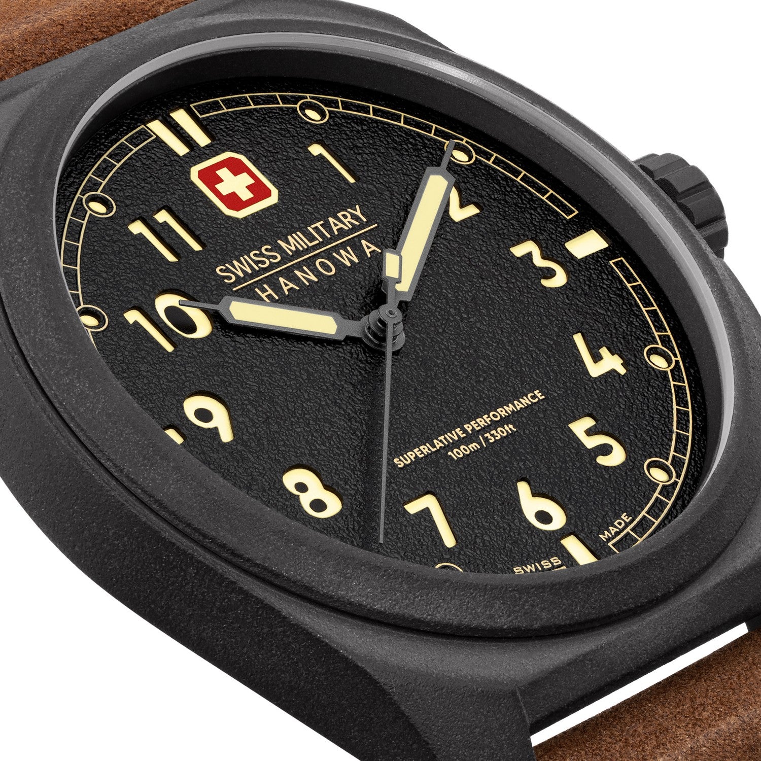 Swiss Military Hanowa watch with black dial and brown strap
