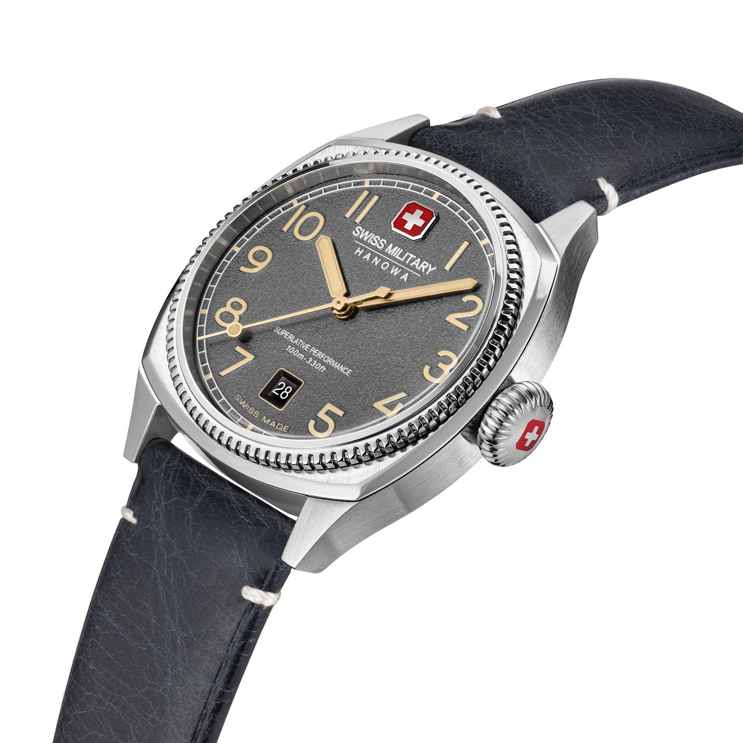 Swiss Military Hanowa watch with black leather strap and gray dial on a white background