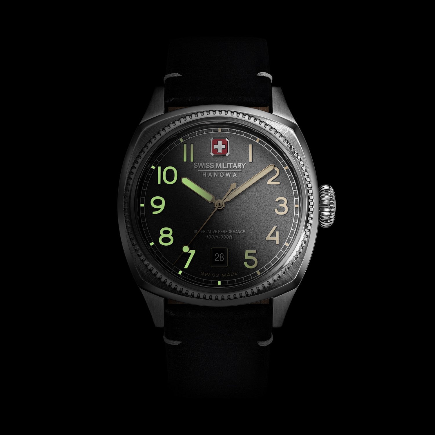 Swiss Military Hanowa watch with black strap and dark face on a black background