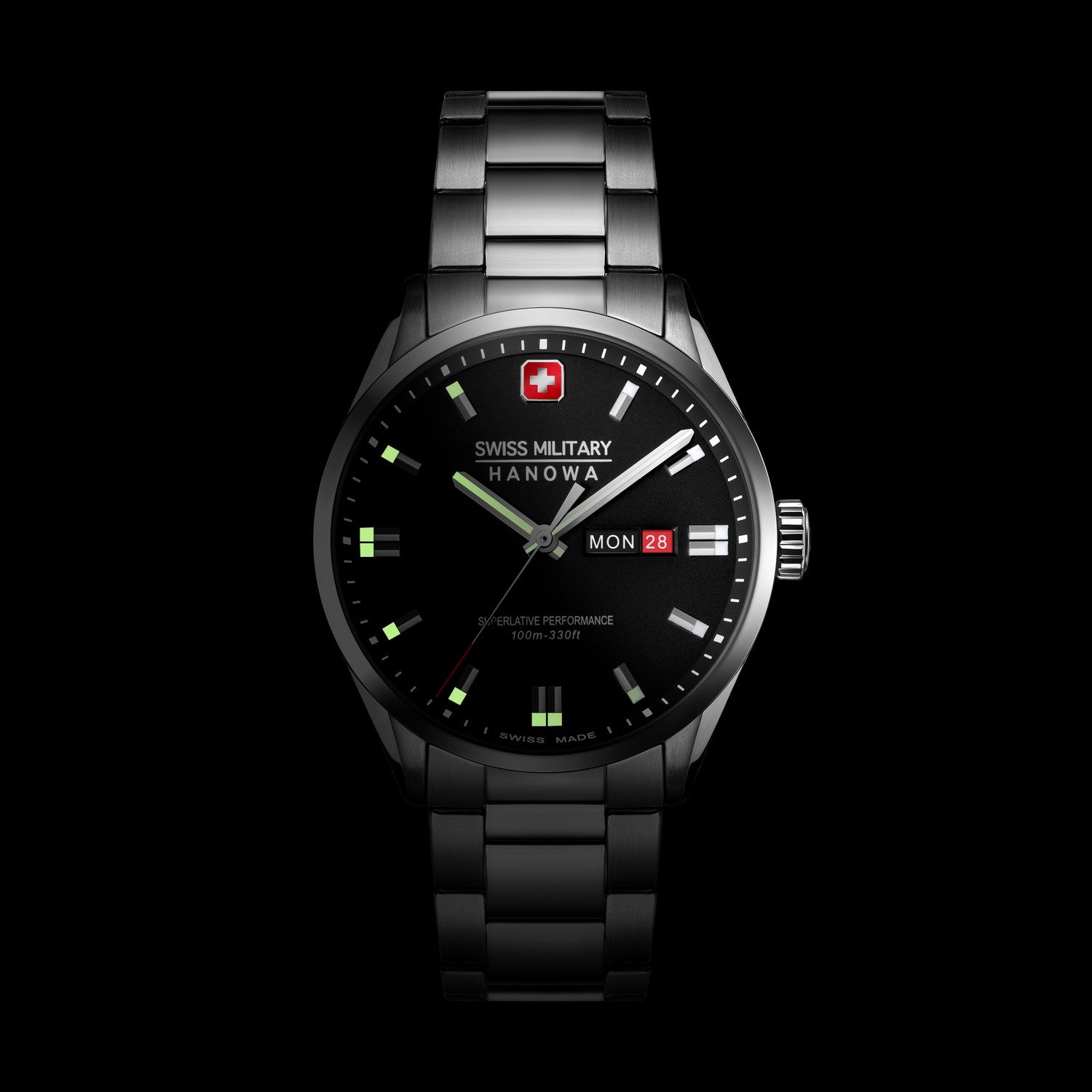 Swiss Military Hanowa watch with black dial and silver metal strap on a black background