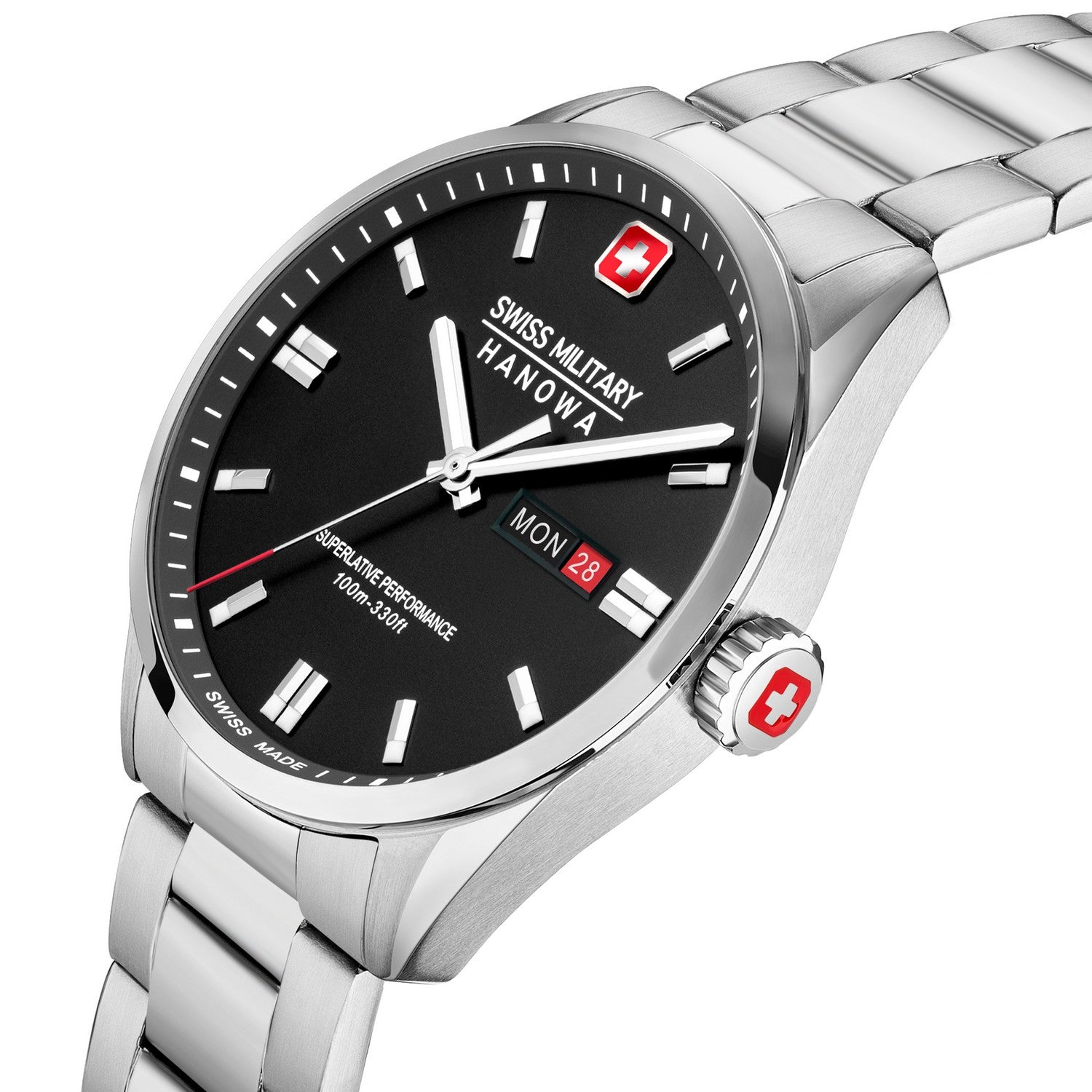 Swiss Military Hanowa watch with black dial and silver metal strap on a white background