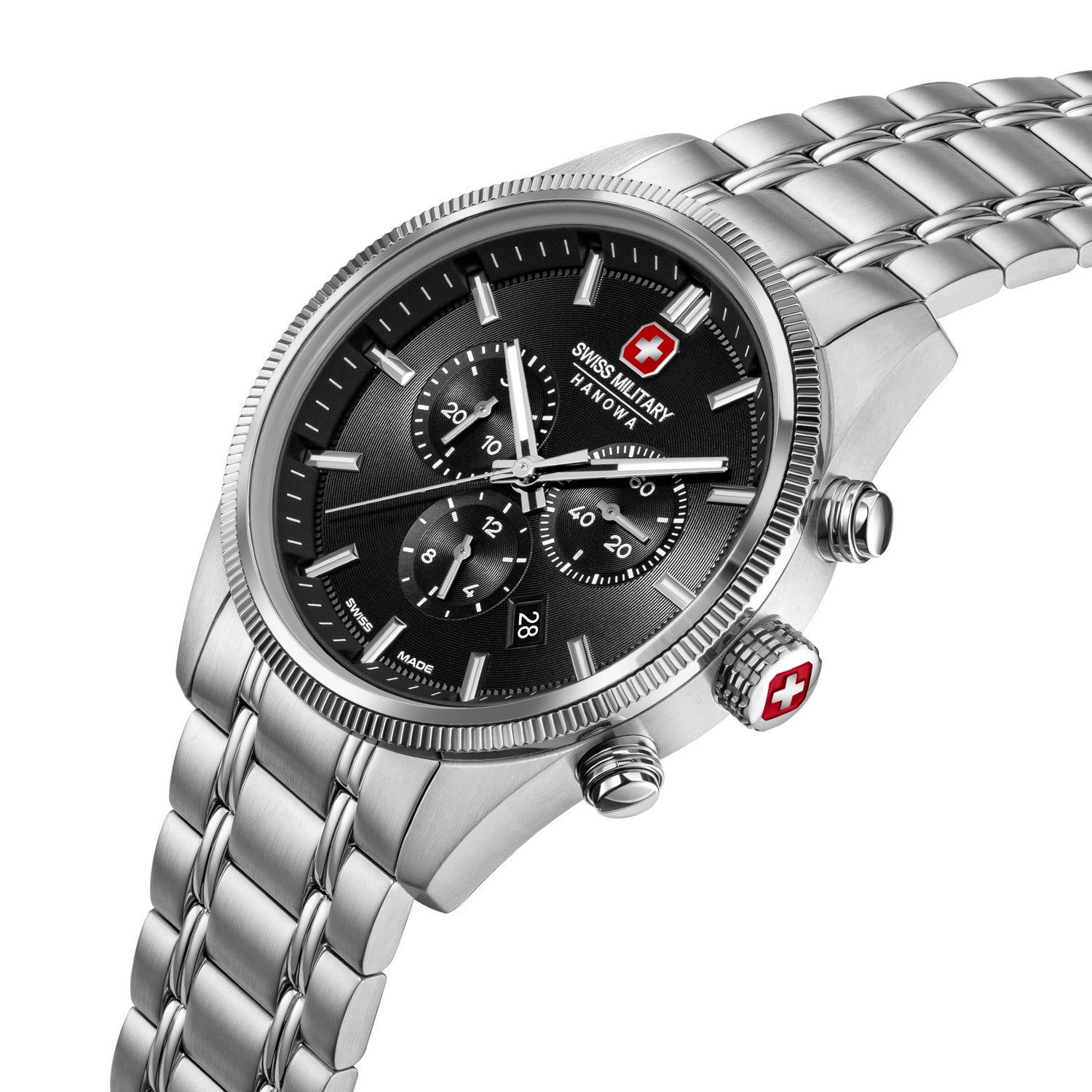 Silver watch with black dial and red Swiss Army logo on a white background