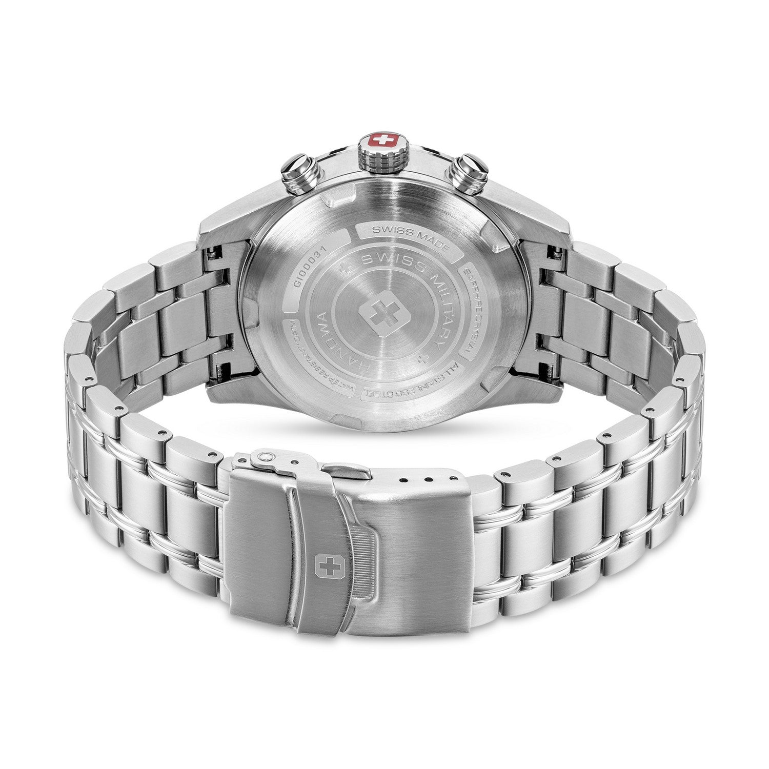 Silver watch with metal band on a white background