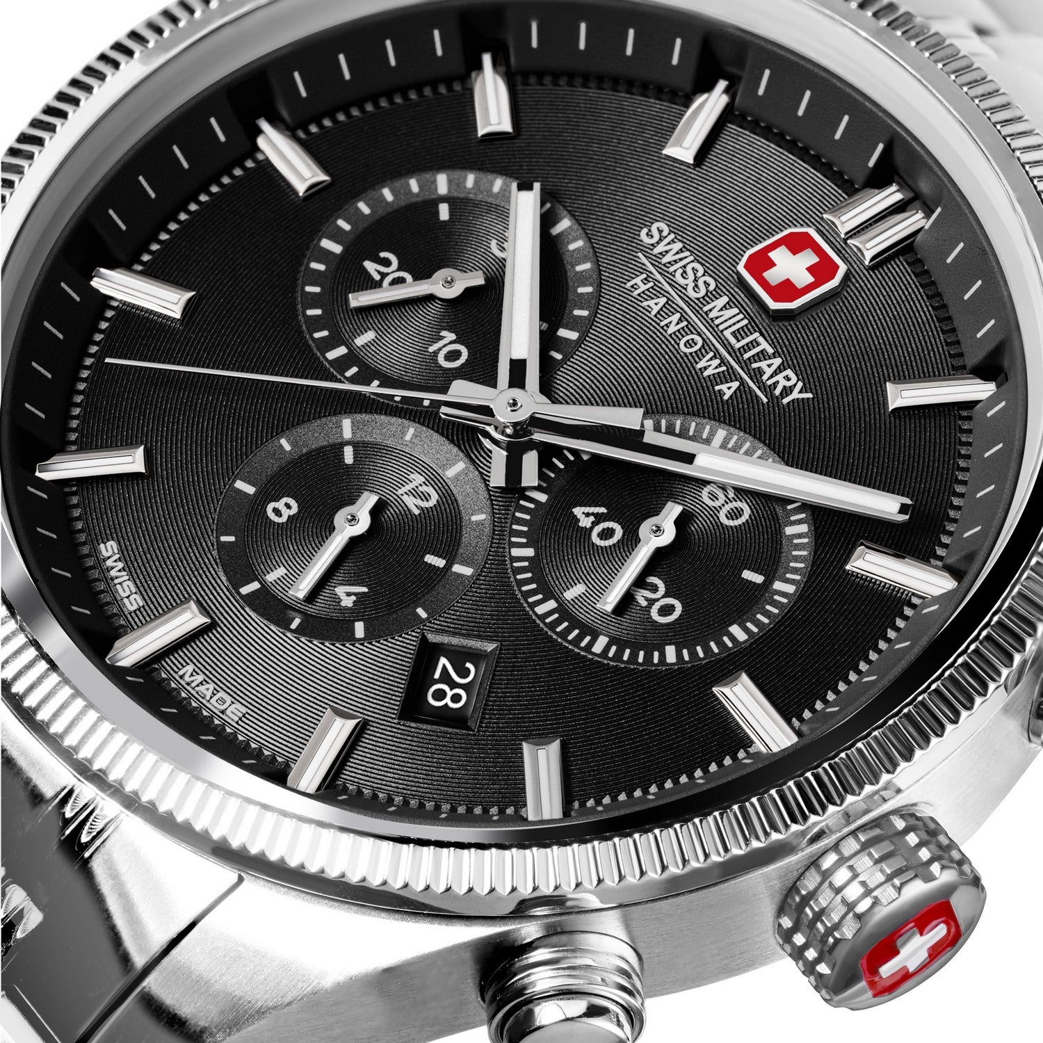 Swiss Military watch with black dial and silver case