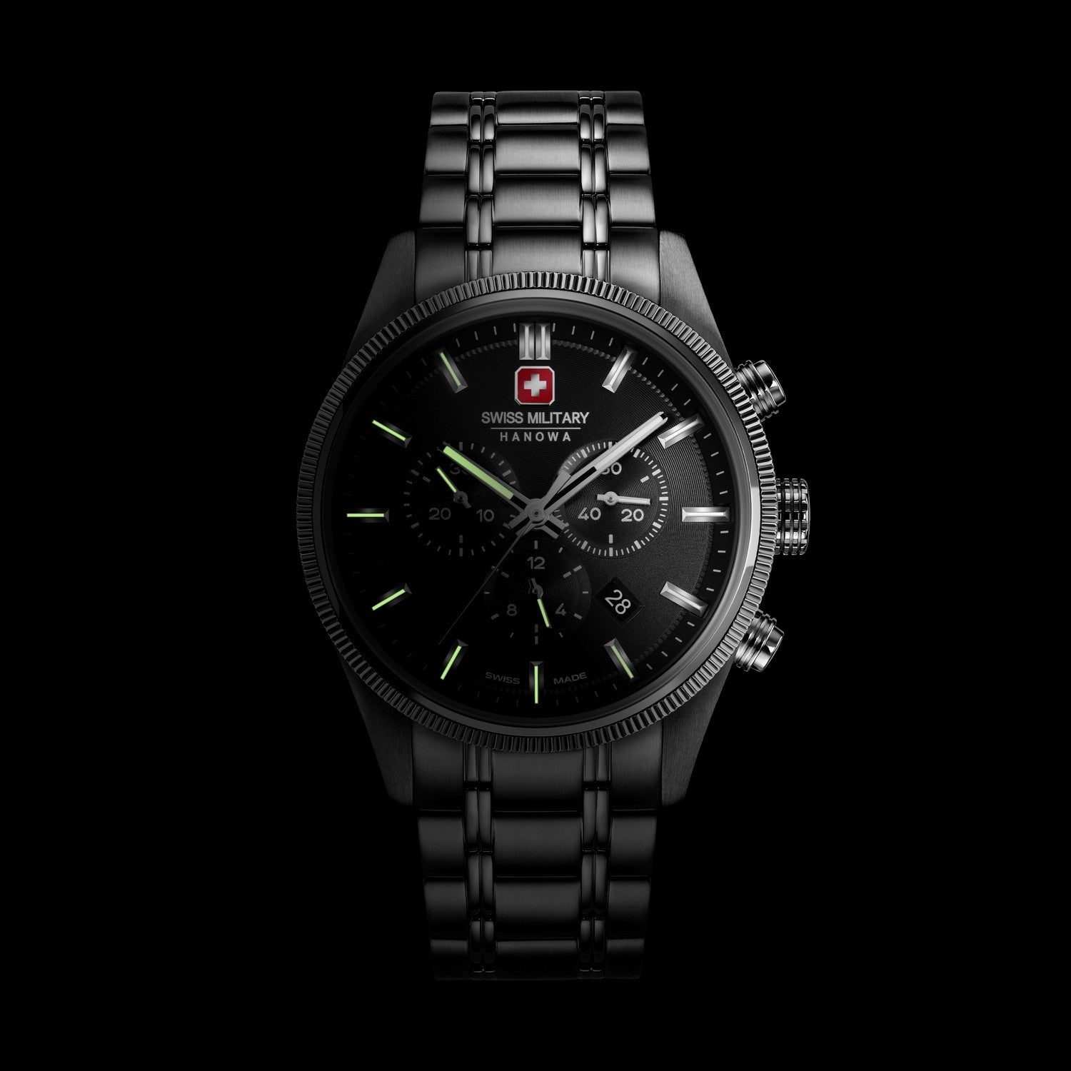 Black wristwatch with detailed face on a black background