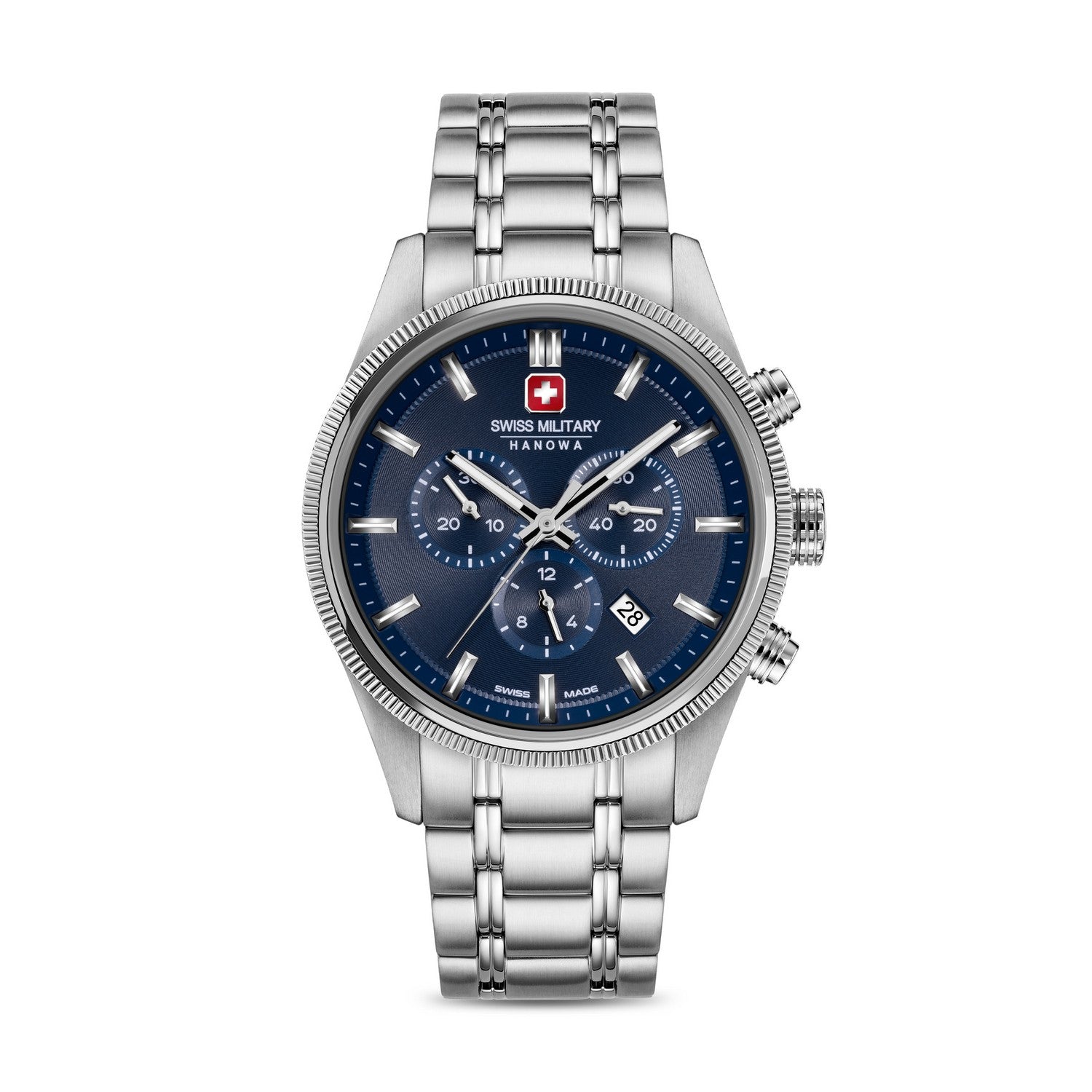 Silver Swiss Military watch with a blue dial on a white background