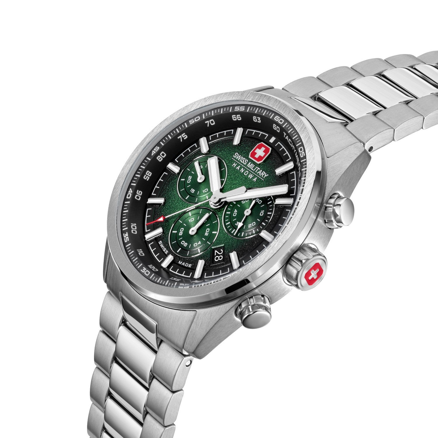 Silver Swiss military watch with a green face on a white background