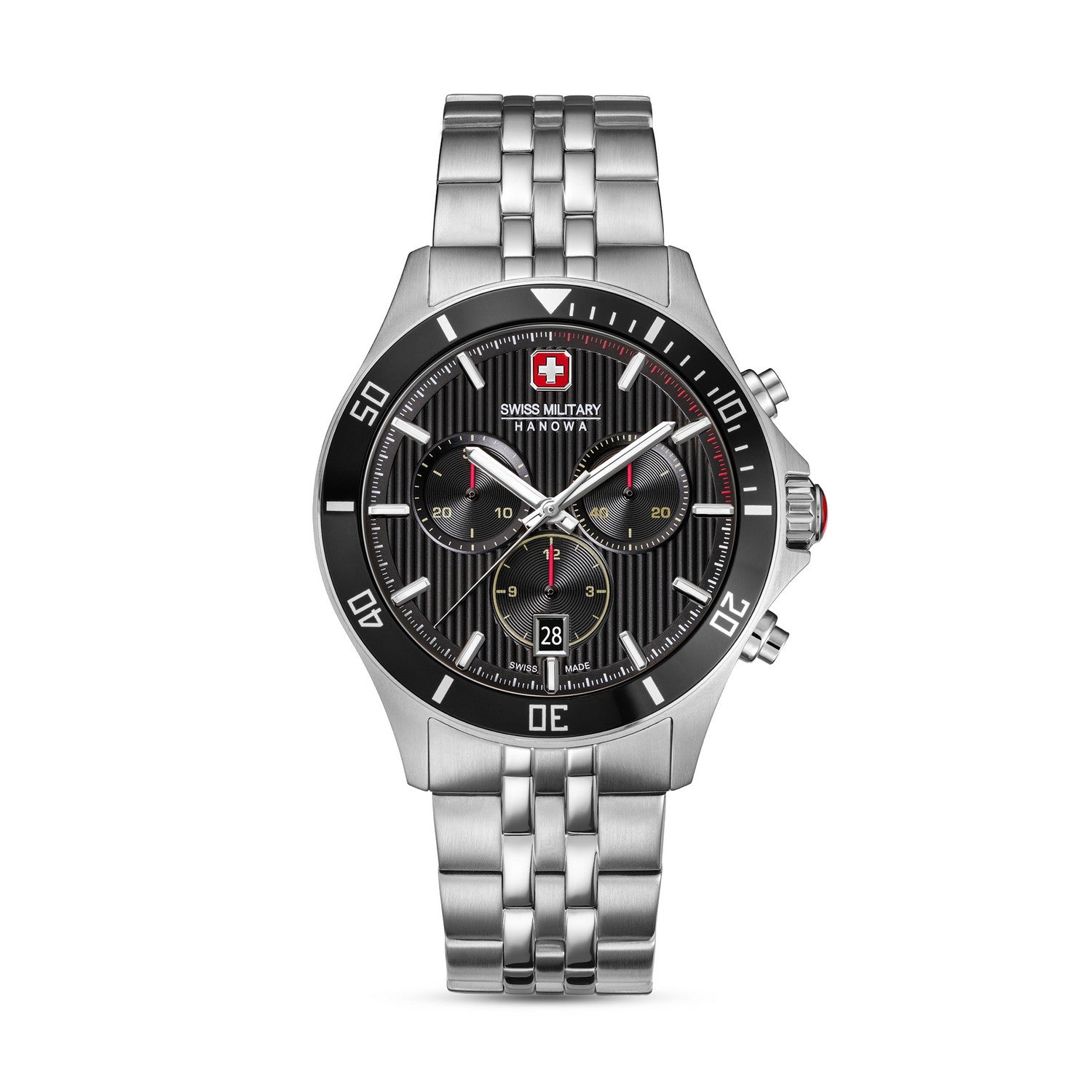 Swiss Military Hanowa watch with silver metal strap on a white background
