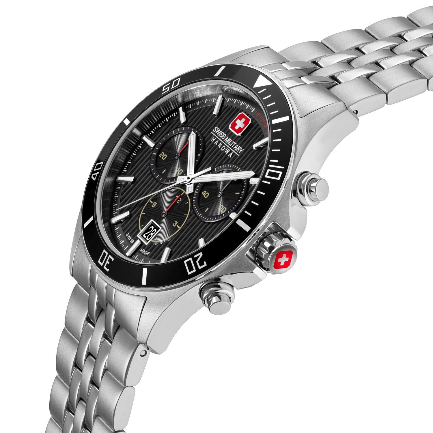 Silver wristwatch with black dial on a white background