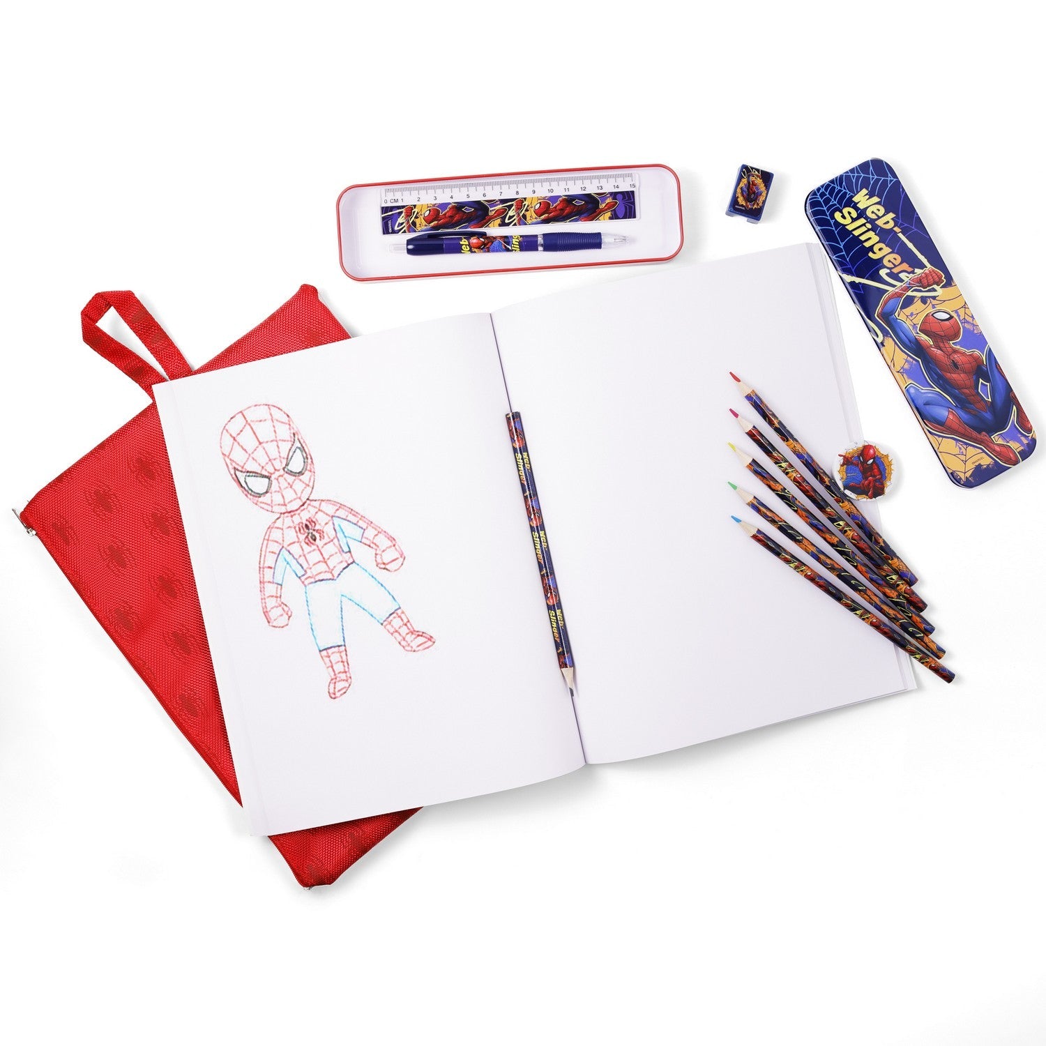 Marvel 12 Piece Bumper Stationery Set In Reusable Spiderman Pink Bag SP50059