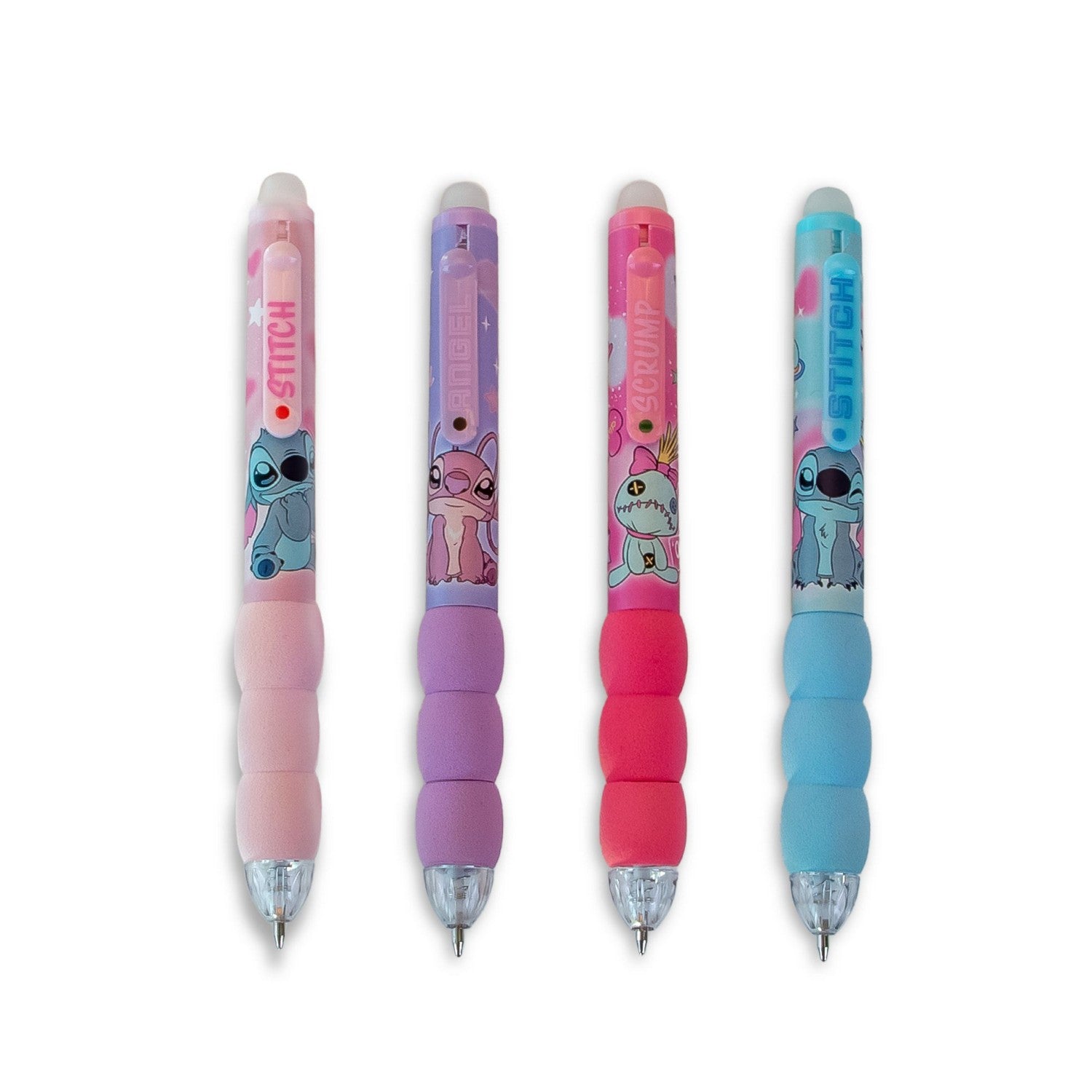 Four cartoon-themed pens with colorful designs on a white background