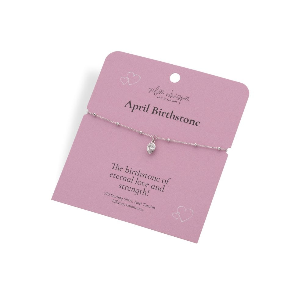 Silver bracelet on a pink card with 'April Birthstone' text